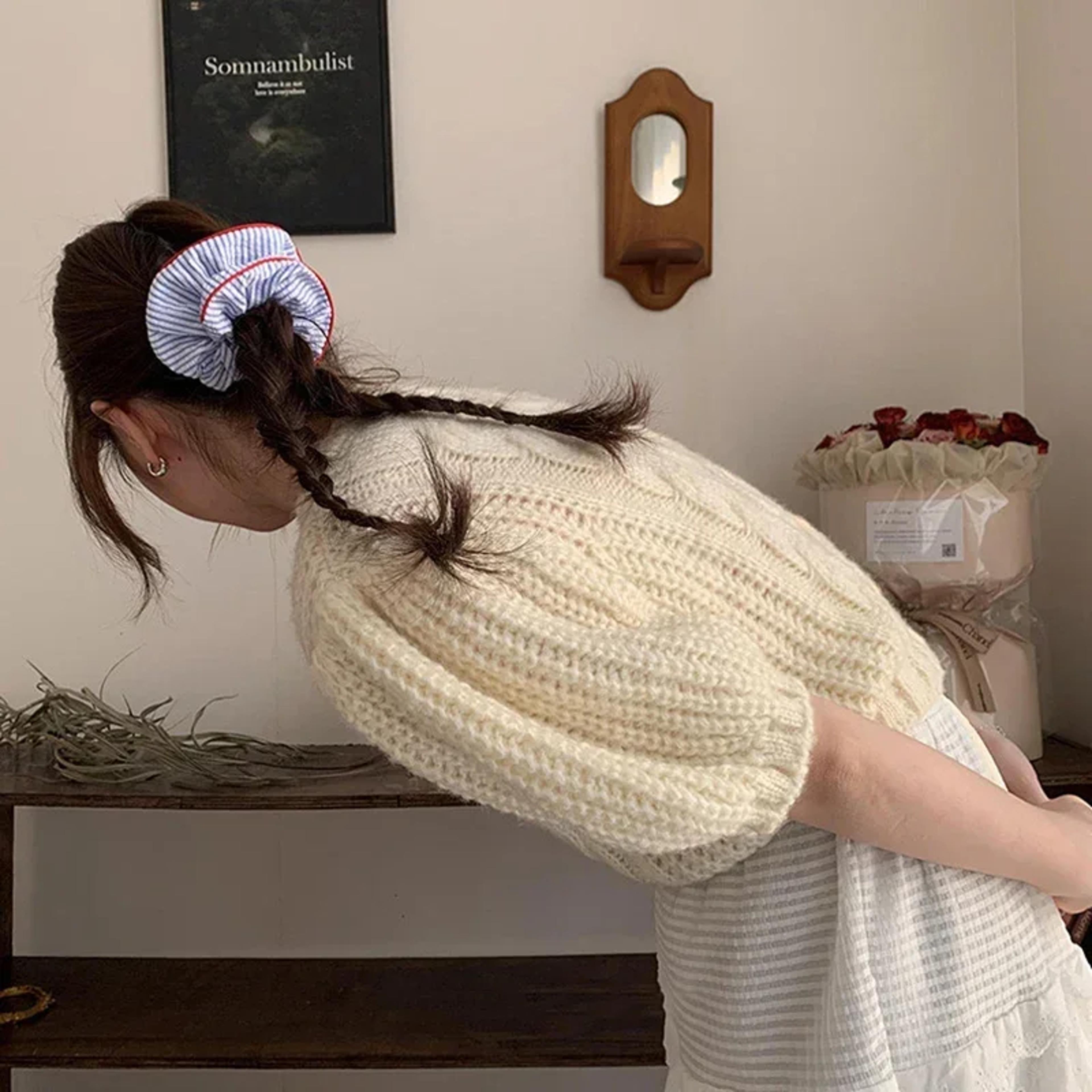 Sweet Fresh Blue Striped Hair Tie Scrunchies For Women Red Hem Elastic Hair Bands For Girls Cute Ha 3