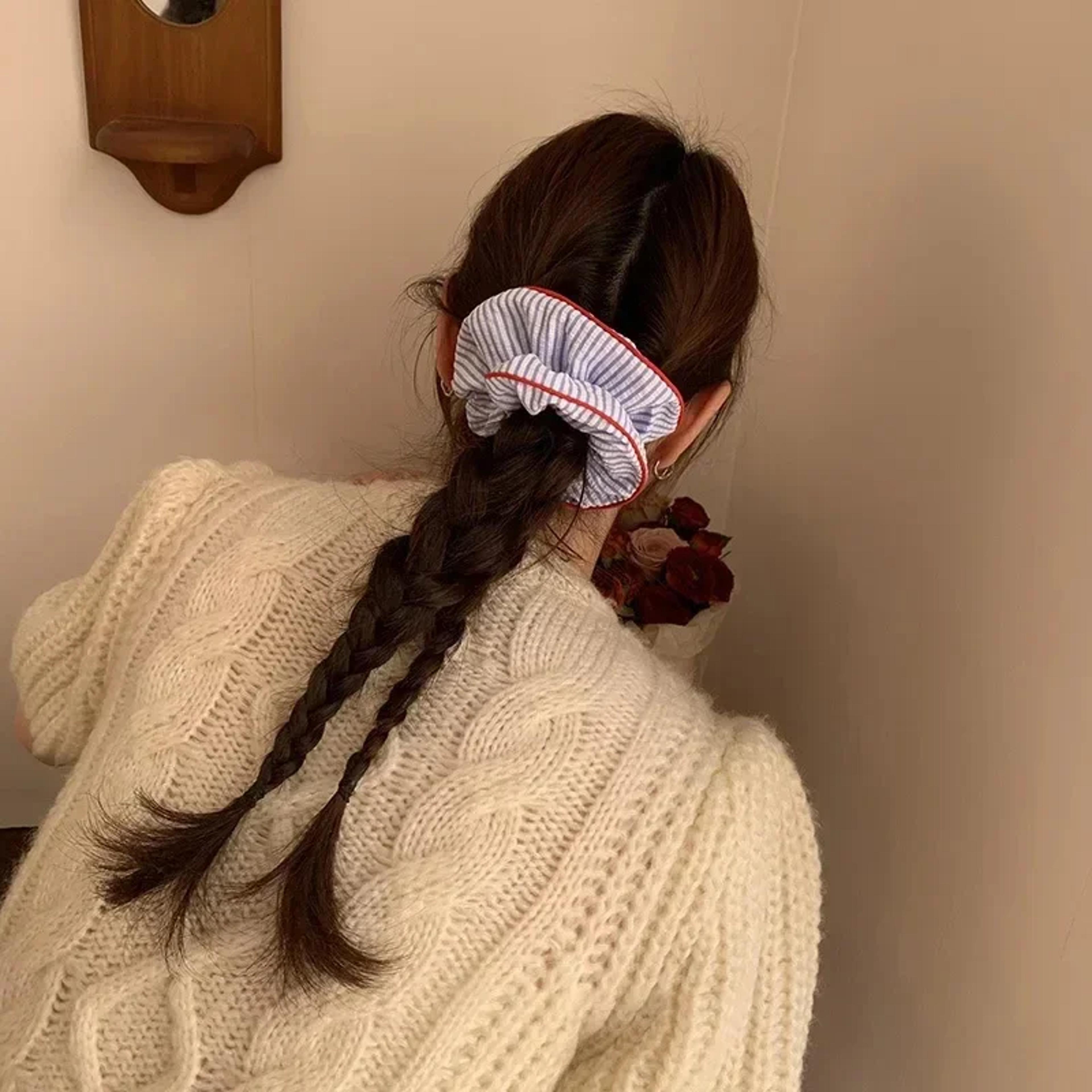 Sweet Fresh Blue Striped Hair Tie Scrunchies For Women Red Hem Elastic Hair Bands For Girls Cute Ha 2