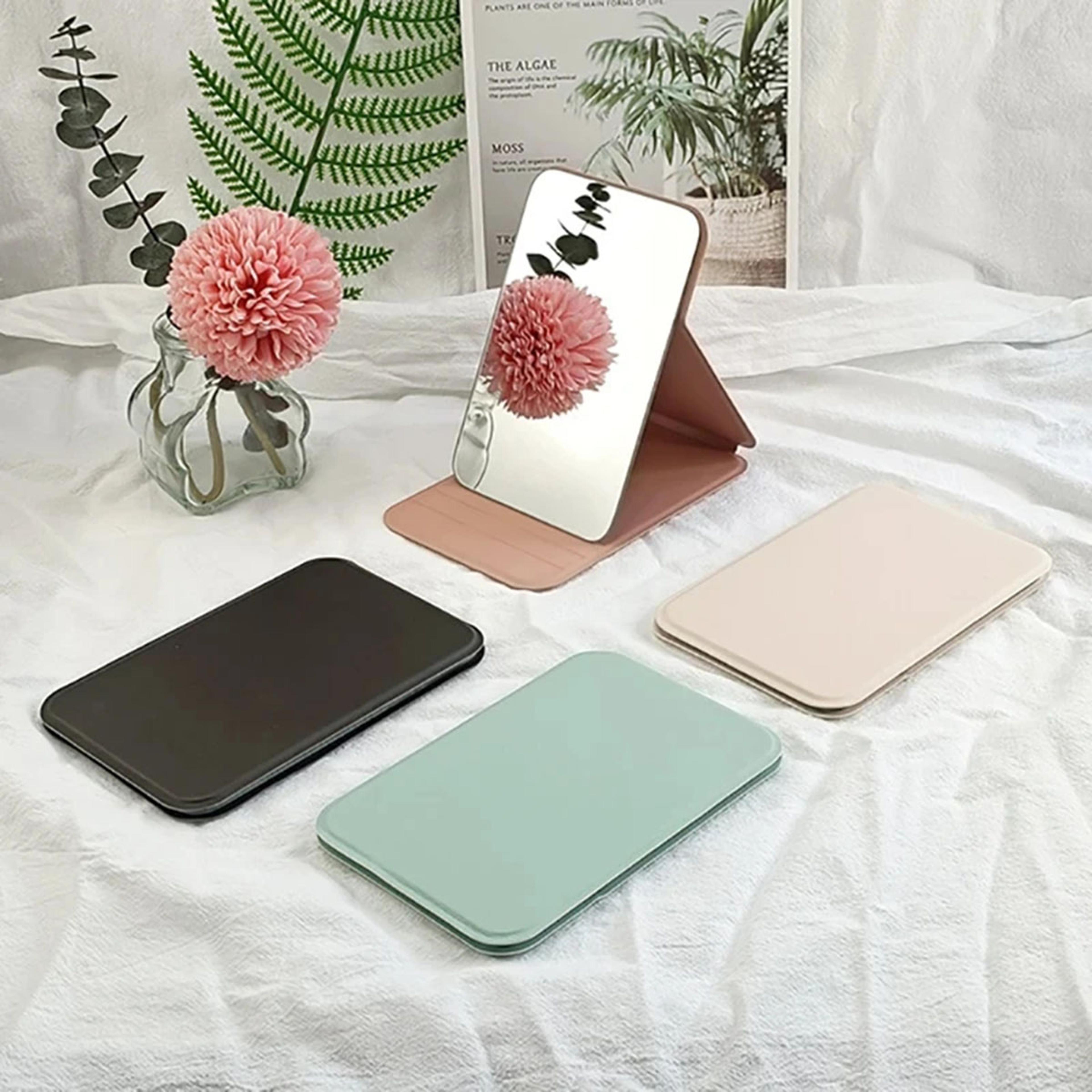 compact and stylish women mini folding makeup mirror, high-quality portable pocket mirror with solid color handle