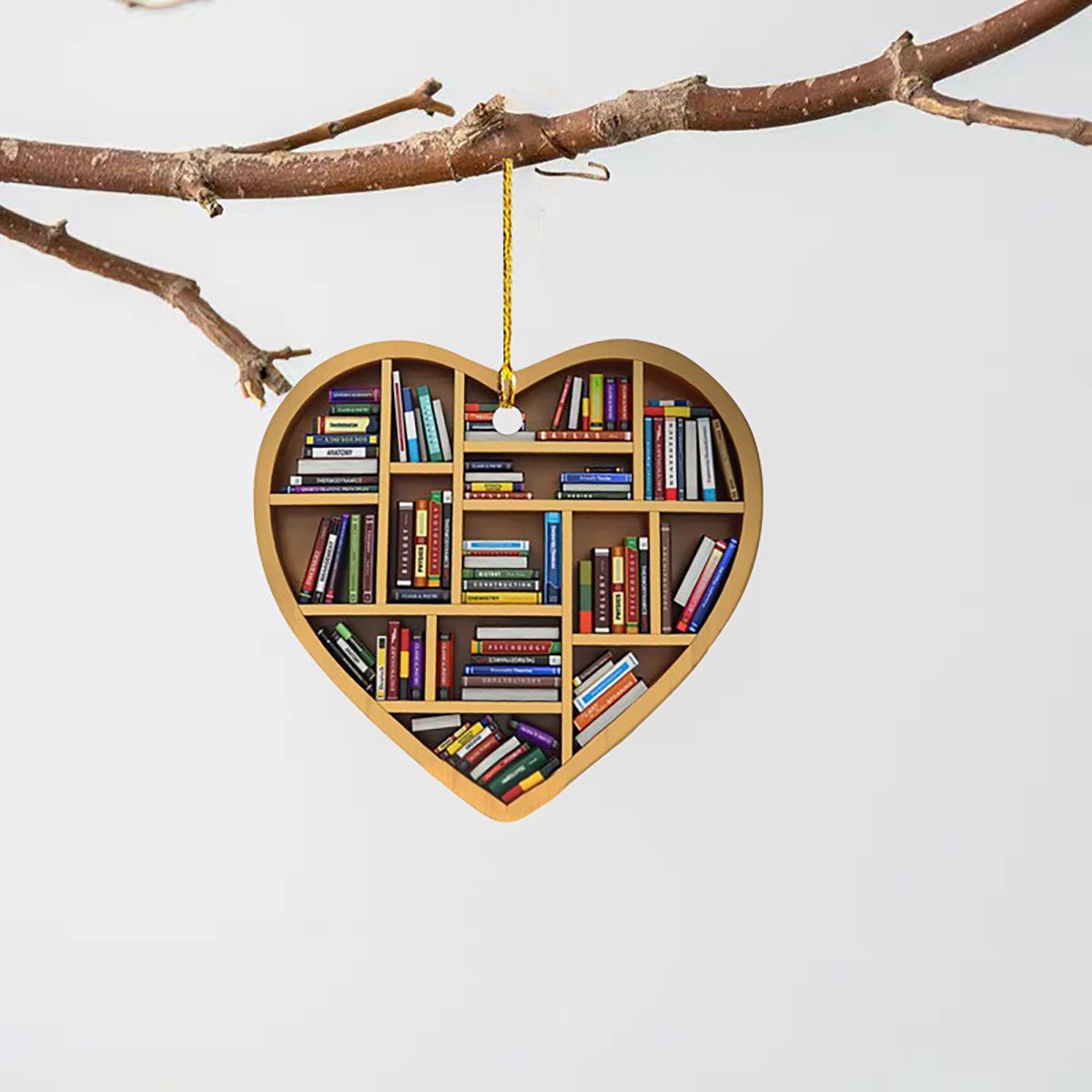 Heart Shaped Bookshelf Pendant Christmas Tree Decoration Wooden Ornament For Book Lovers Holiday Gi 3