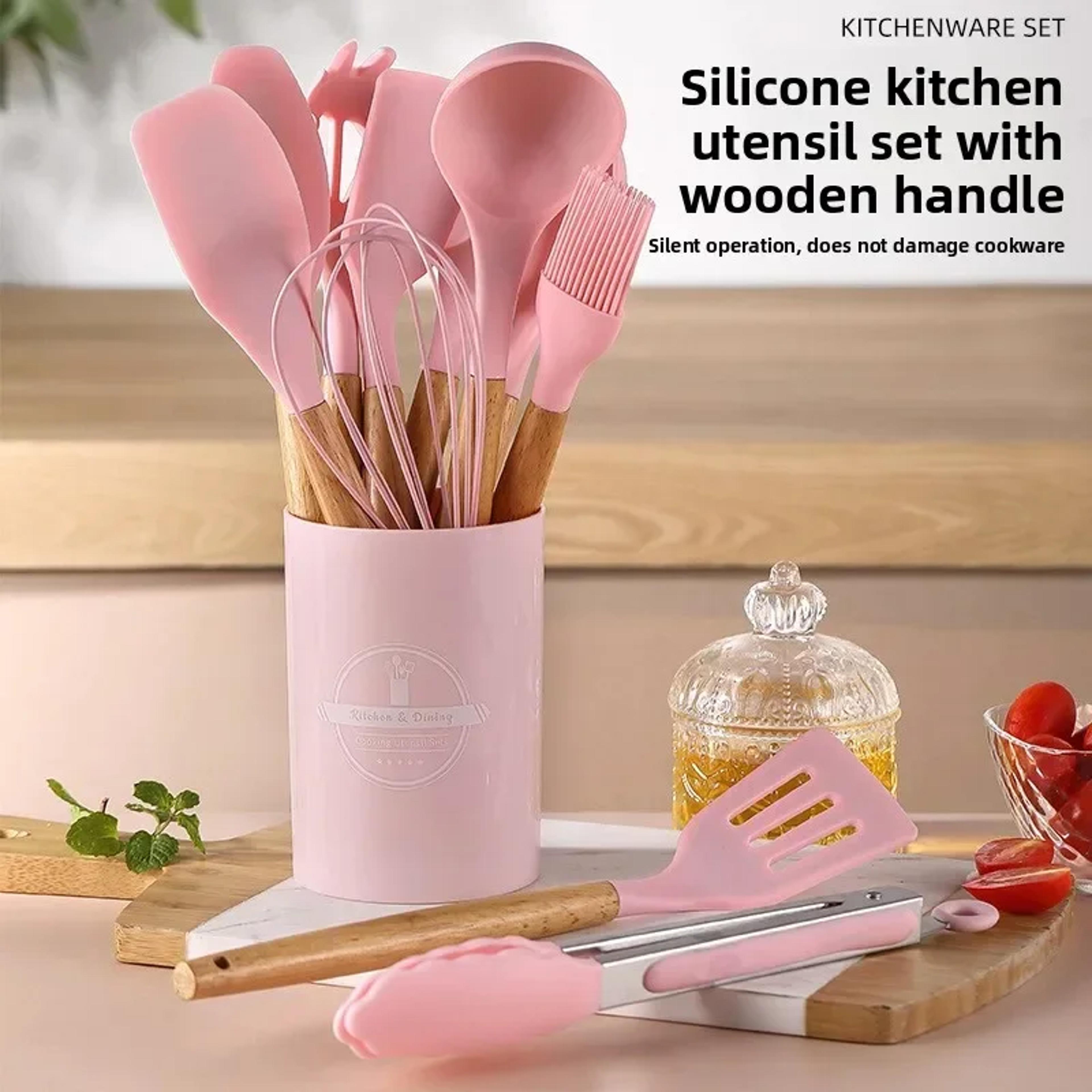 Kitchen Utensils Set Silicone NonStick Spatula Shovel Egg Beaters Wooden Handle Cooking Tools 2
