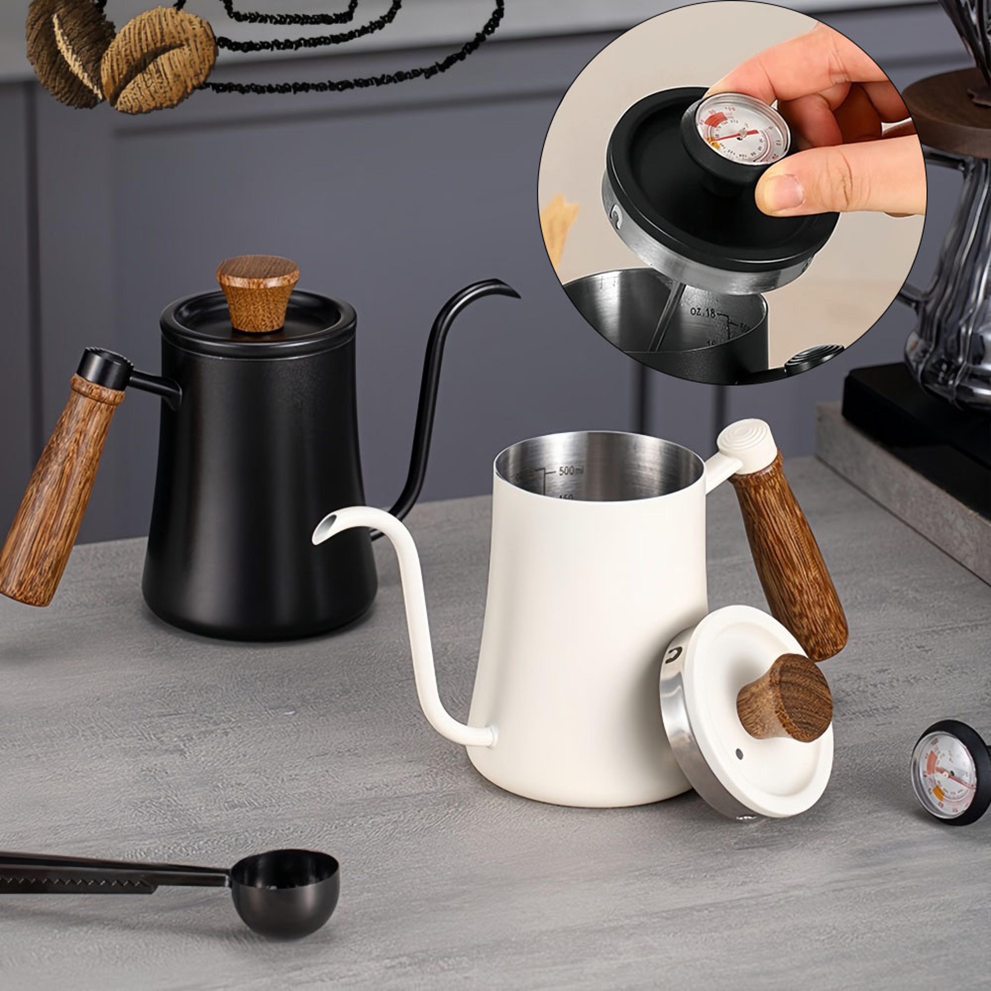 high-quality hand-made coffee pot, stainless steel with thermometer, solid wood handle, clear scale