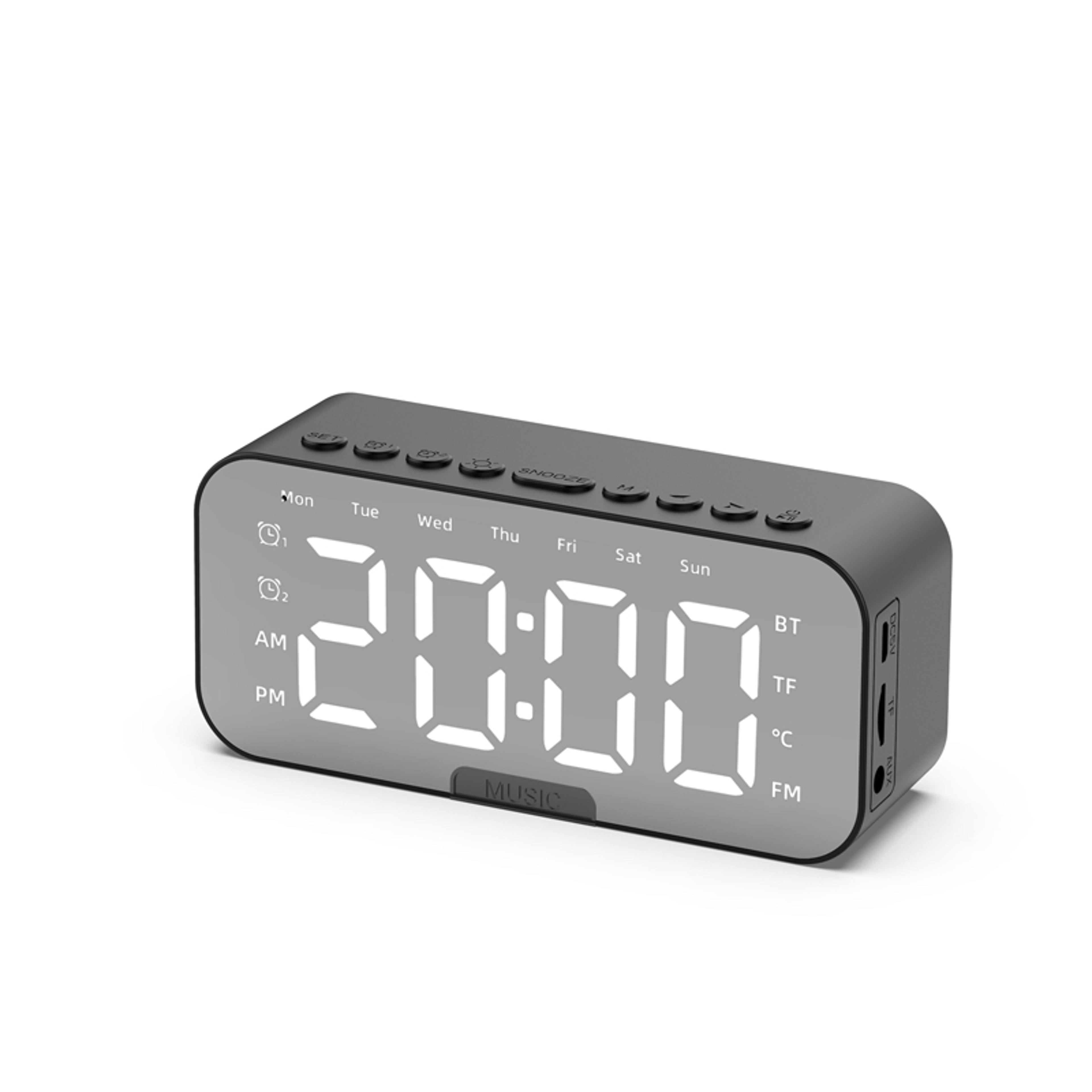 led digital alarm clock with bluetooth, mirror speaker, bedroom tabletop display, fm radio, temperature control
