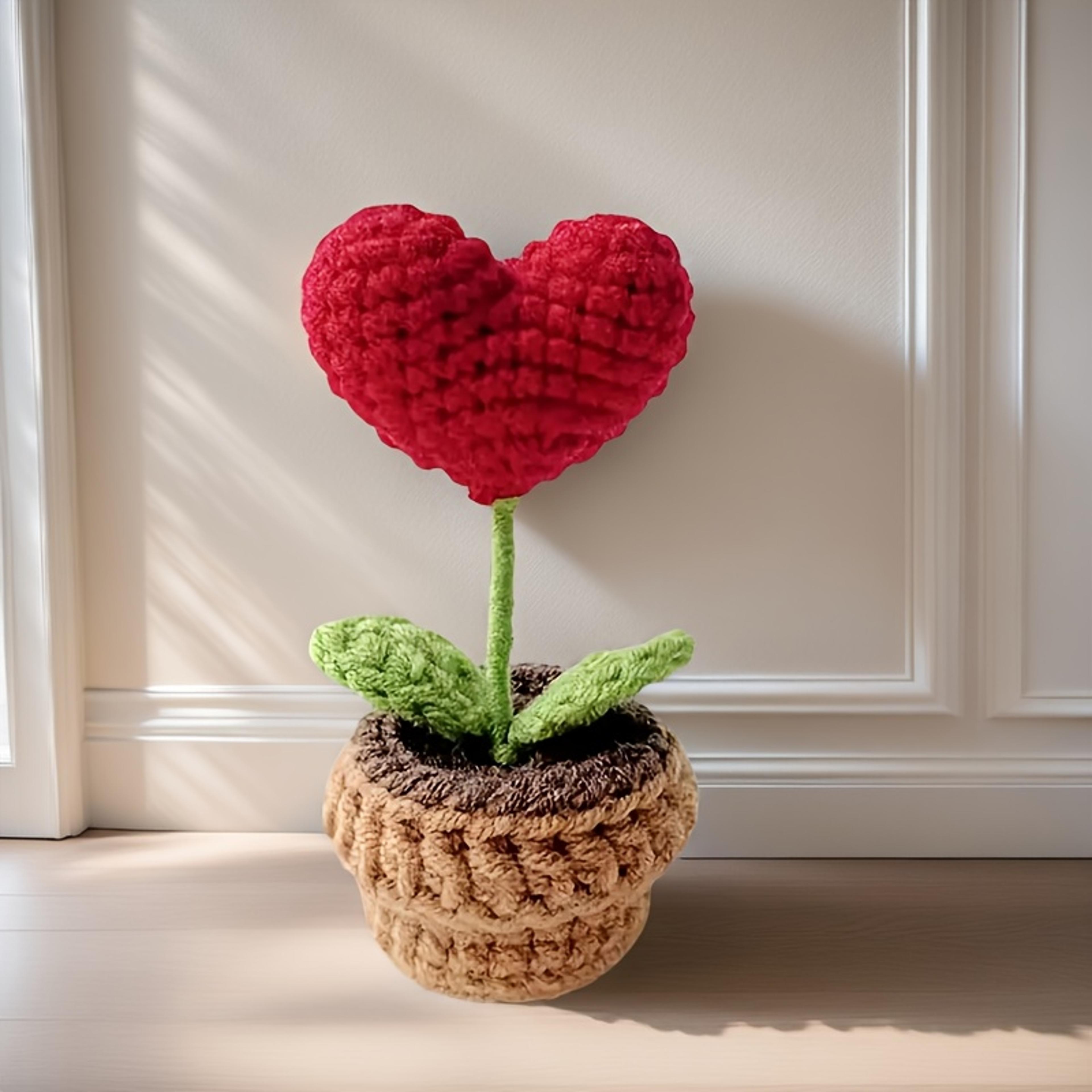 Red Heart Shaped Handmade Knitted Flower Pot Knit Imitation Potted Plant For Valentines Day Christm 2