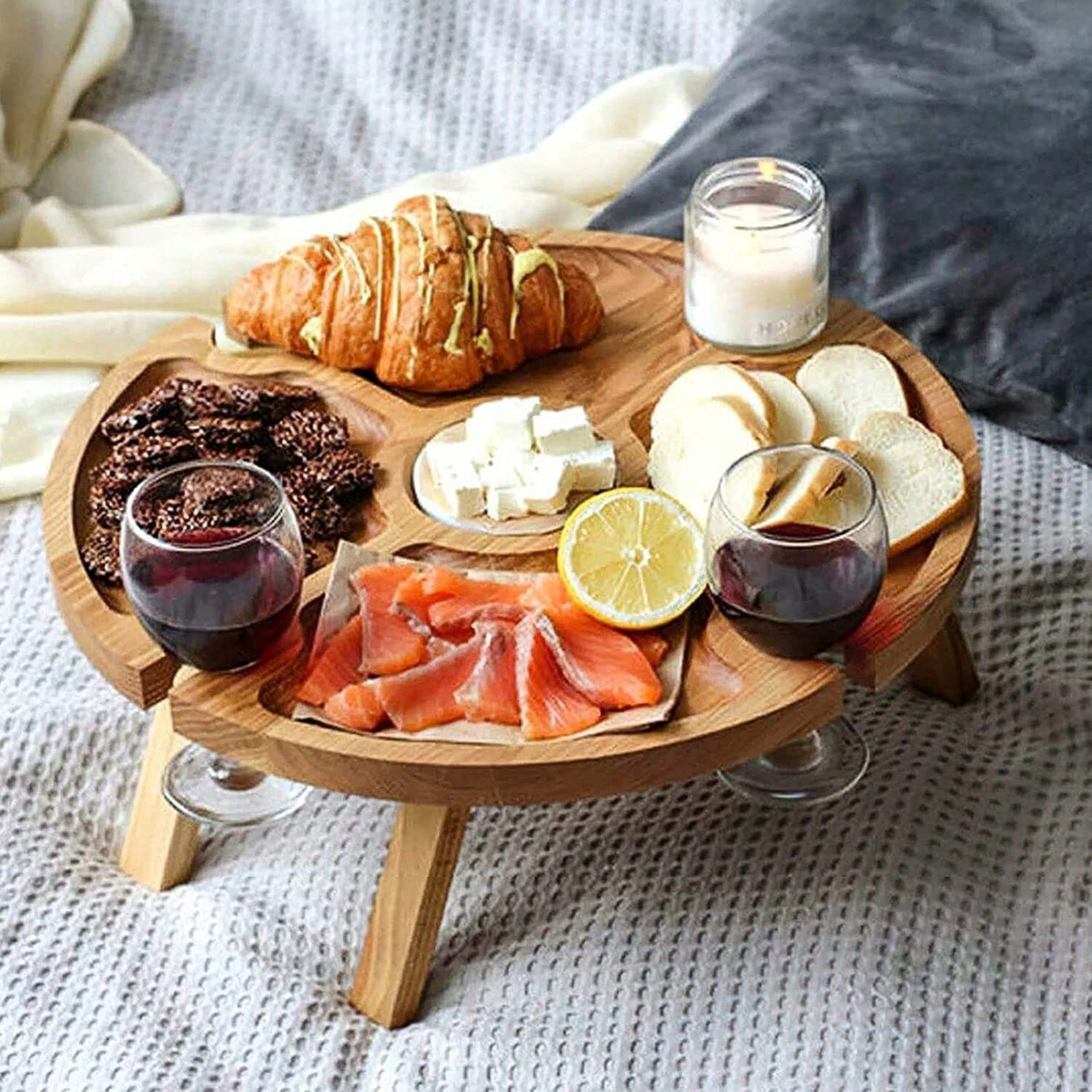 wooden folding picnic table with glass holder round desk collapsible wine glass rack for outdoor garden party