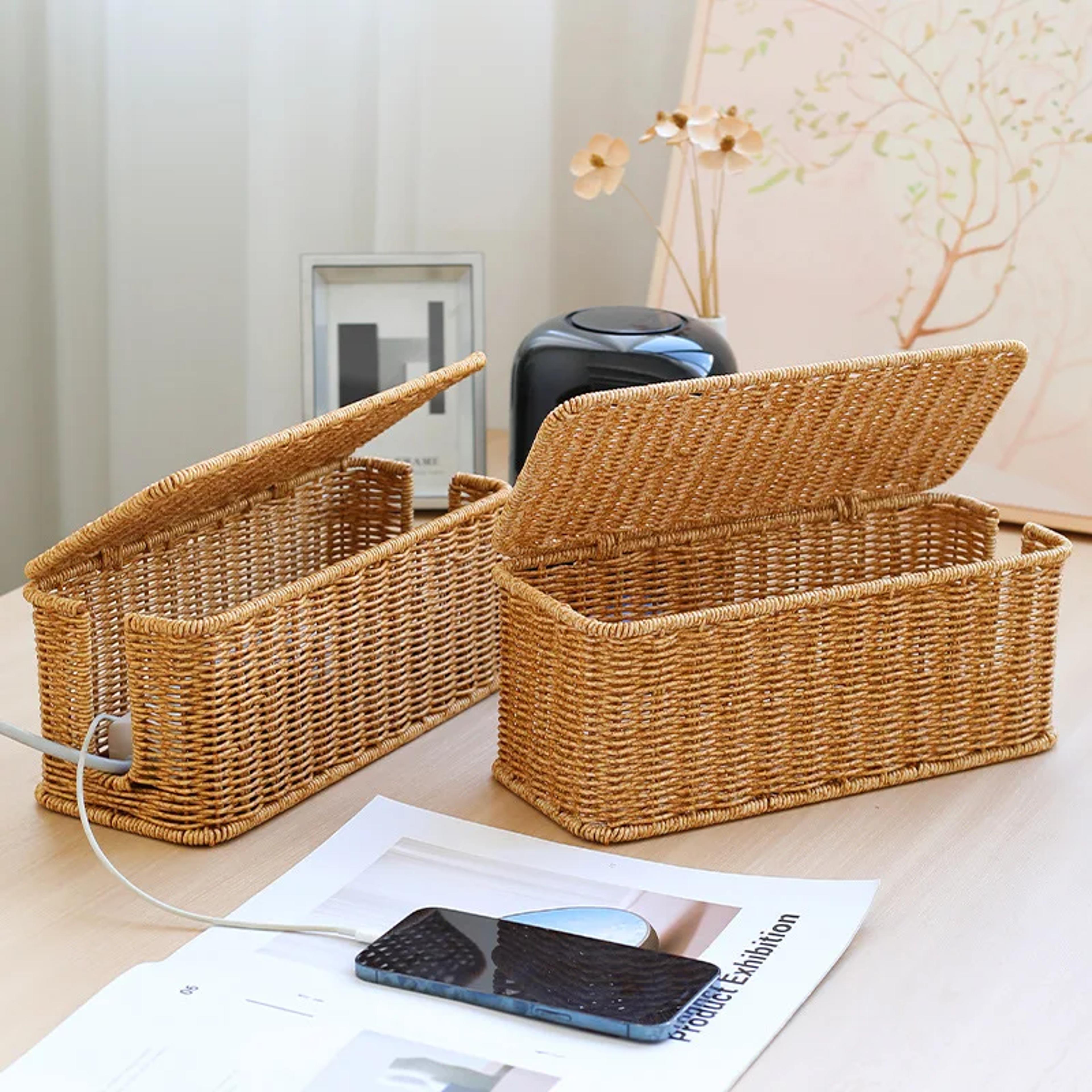 Handmade Rattan Cable Organizer Box Durable Under Desk Cord Management 3