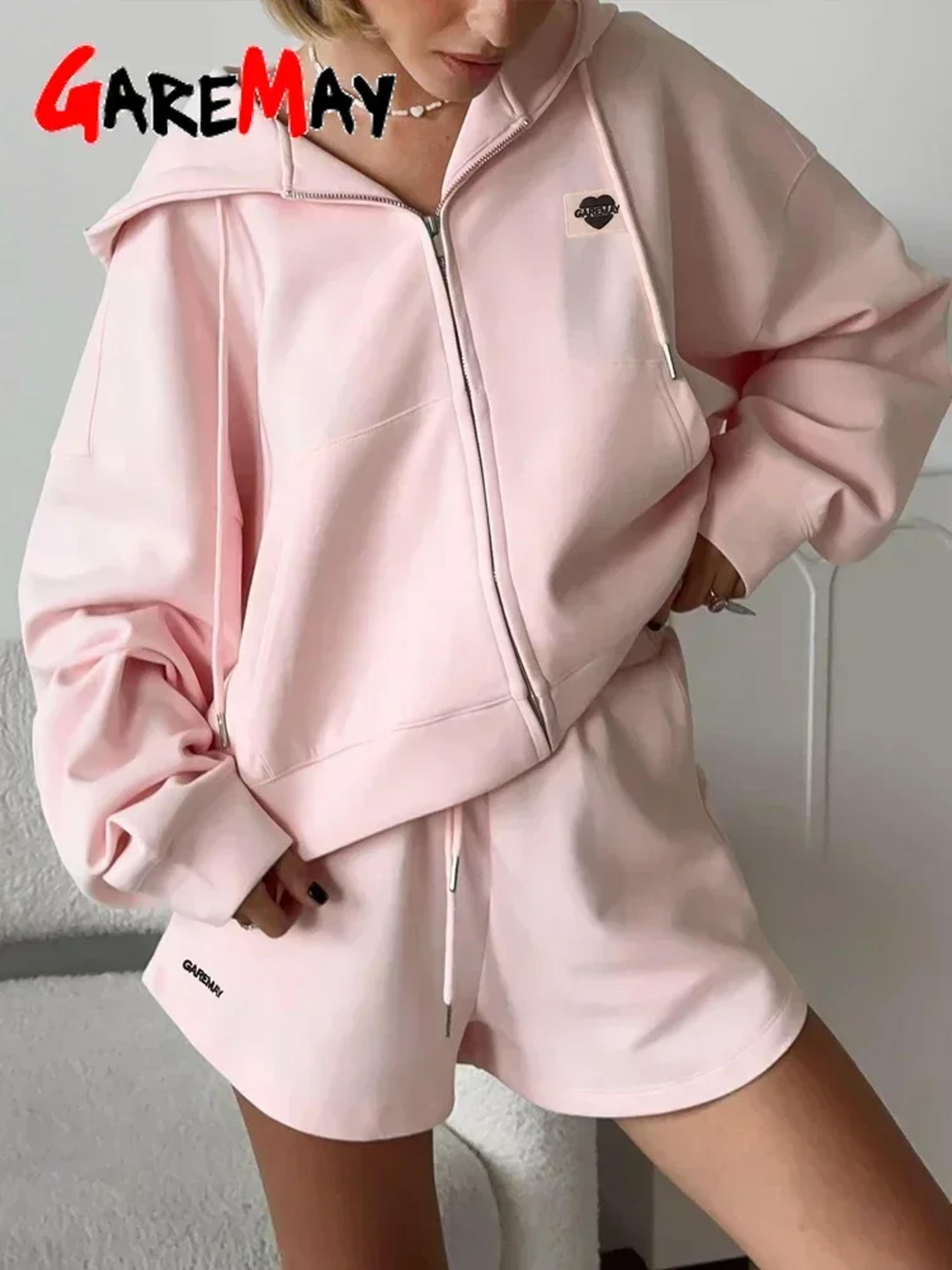 spring women's summer suit casual pink top & shorts set cotton oversized two-piece tracksuit for women