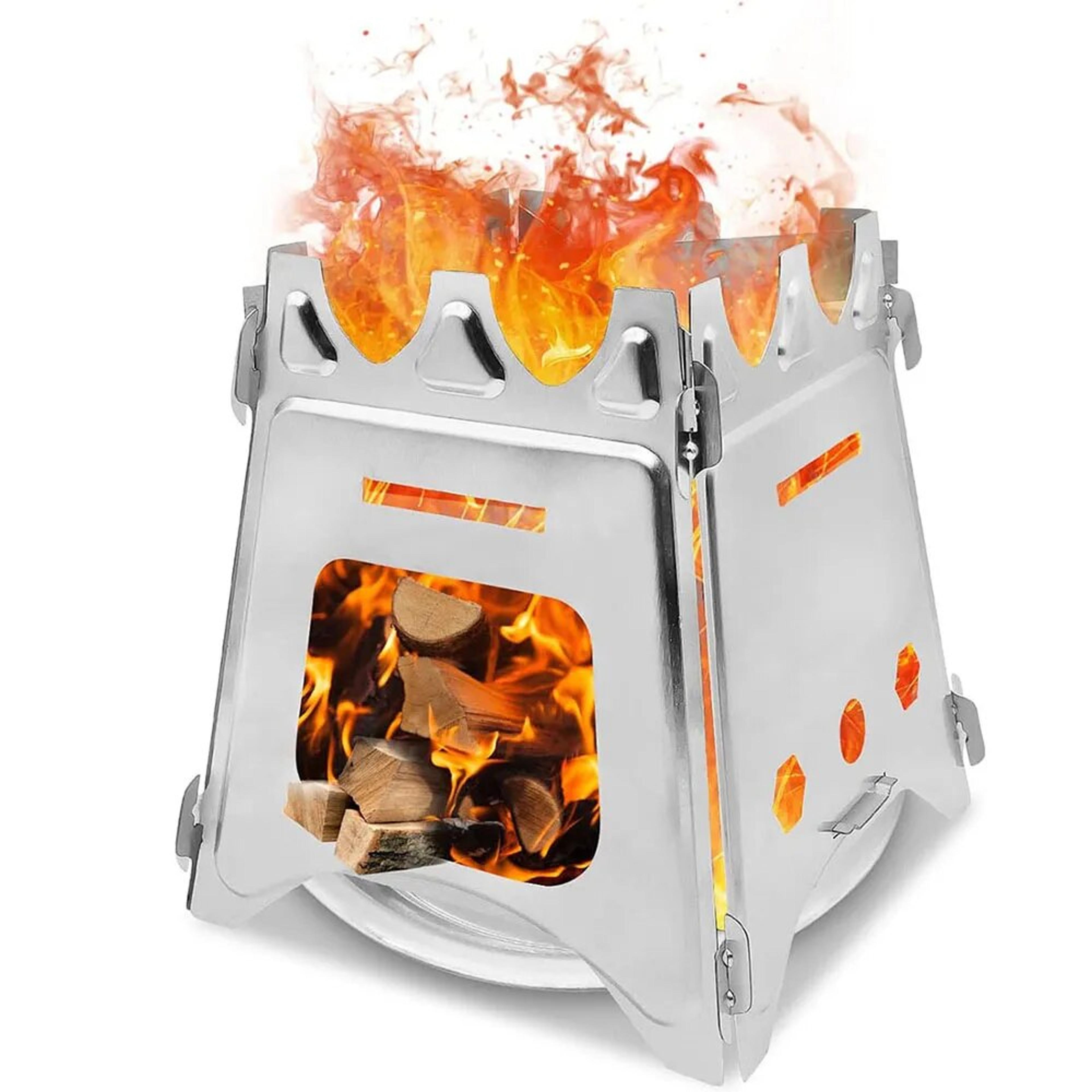 portable stainless steel camping wood stove lightweight, foldable, perfect for hiking, bbqs, & picnics