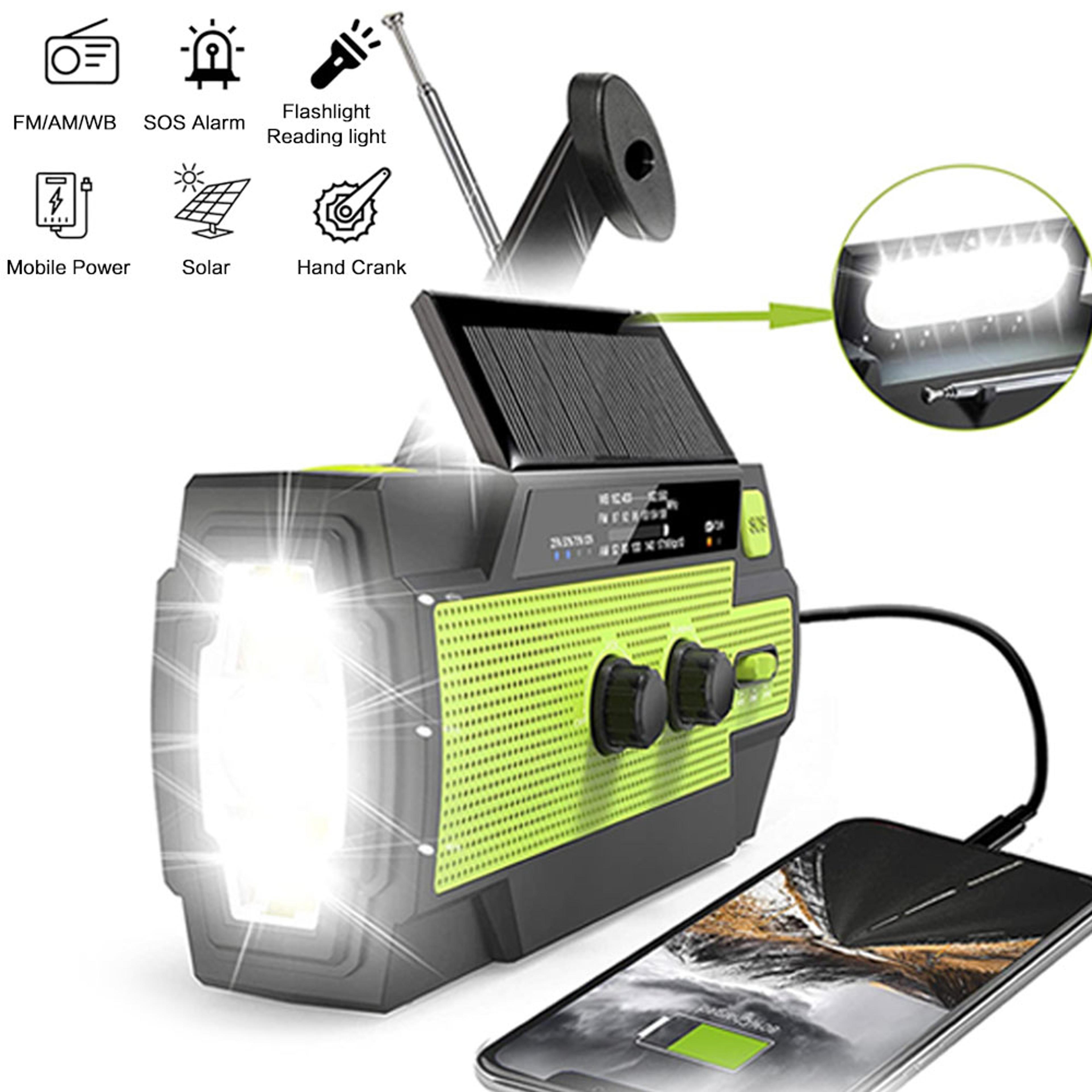 solar emergency radio with hand crank, usb charger & flashlight for survival and outdoor use