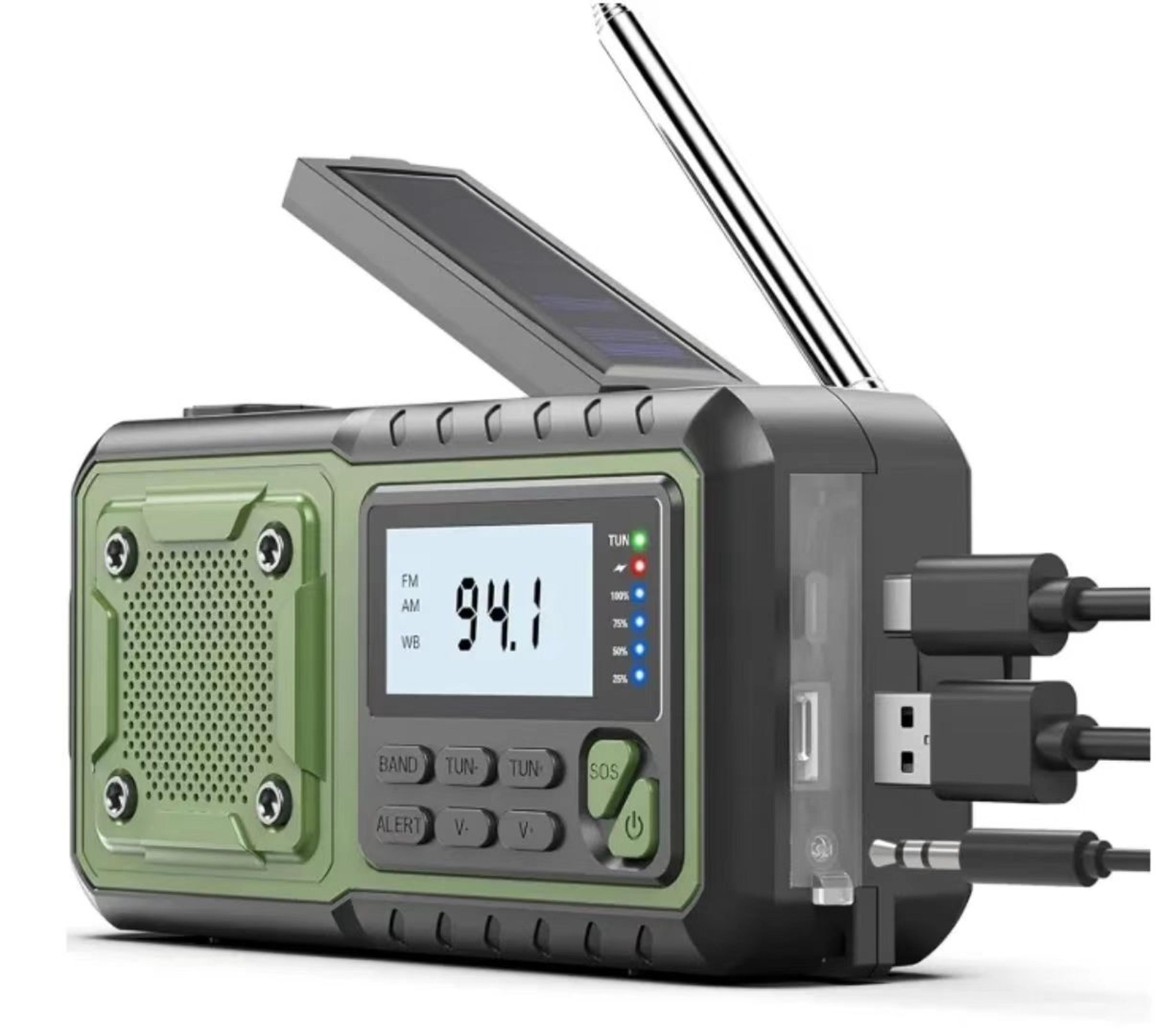 emergency hand crank radio with power bank solar charger and led flashlight for camping and survival