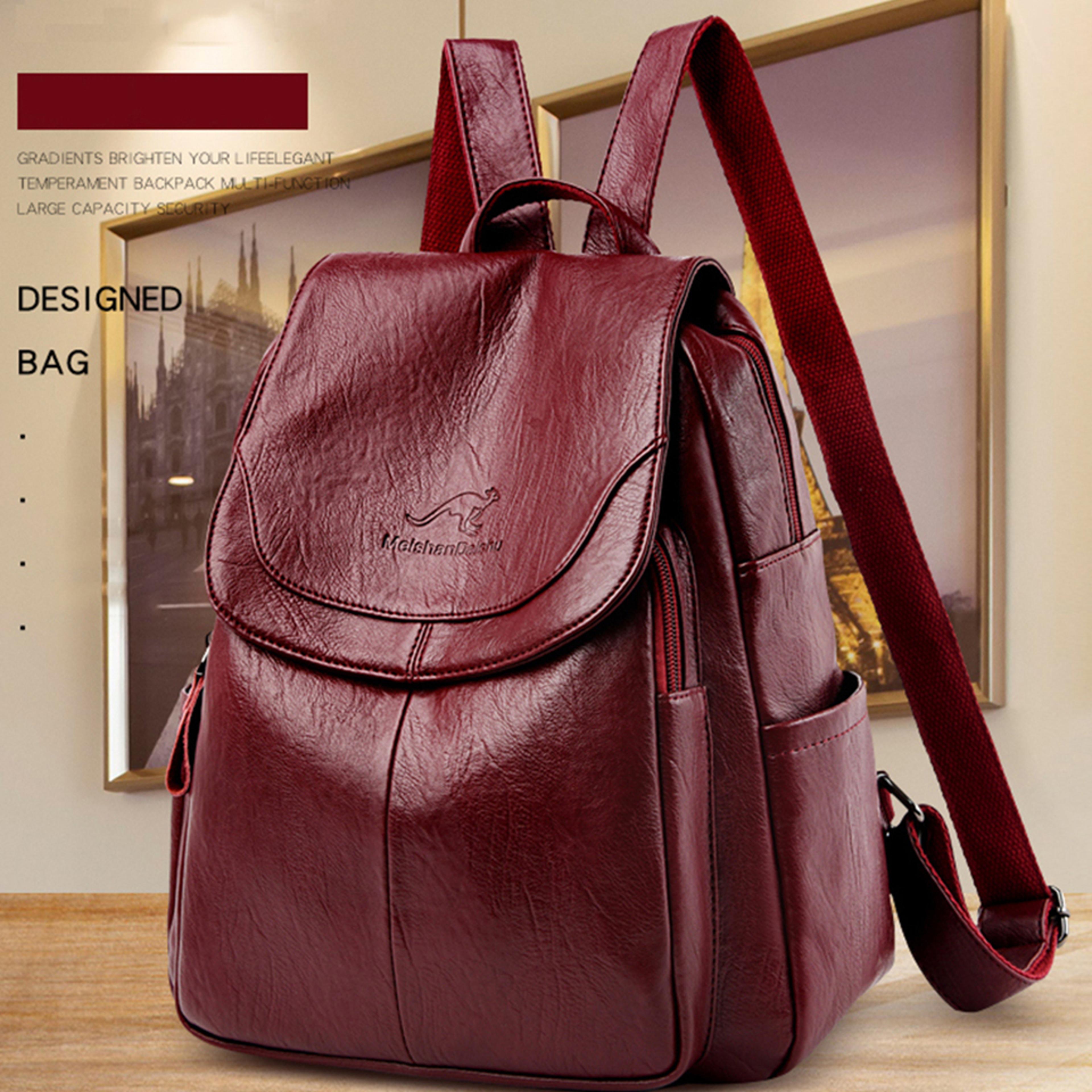 vintage pu leather women backpack large capacity travel school bag stylish bookbag purse