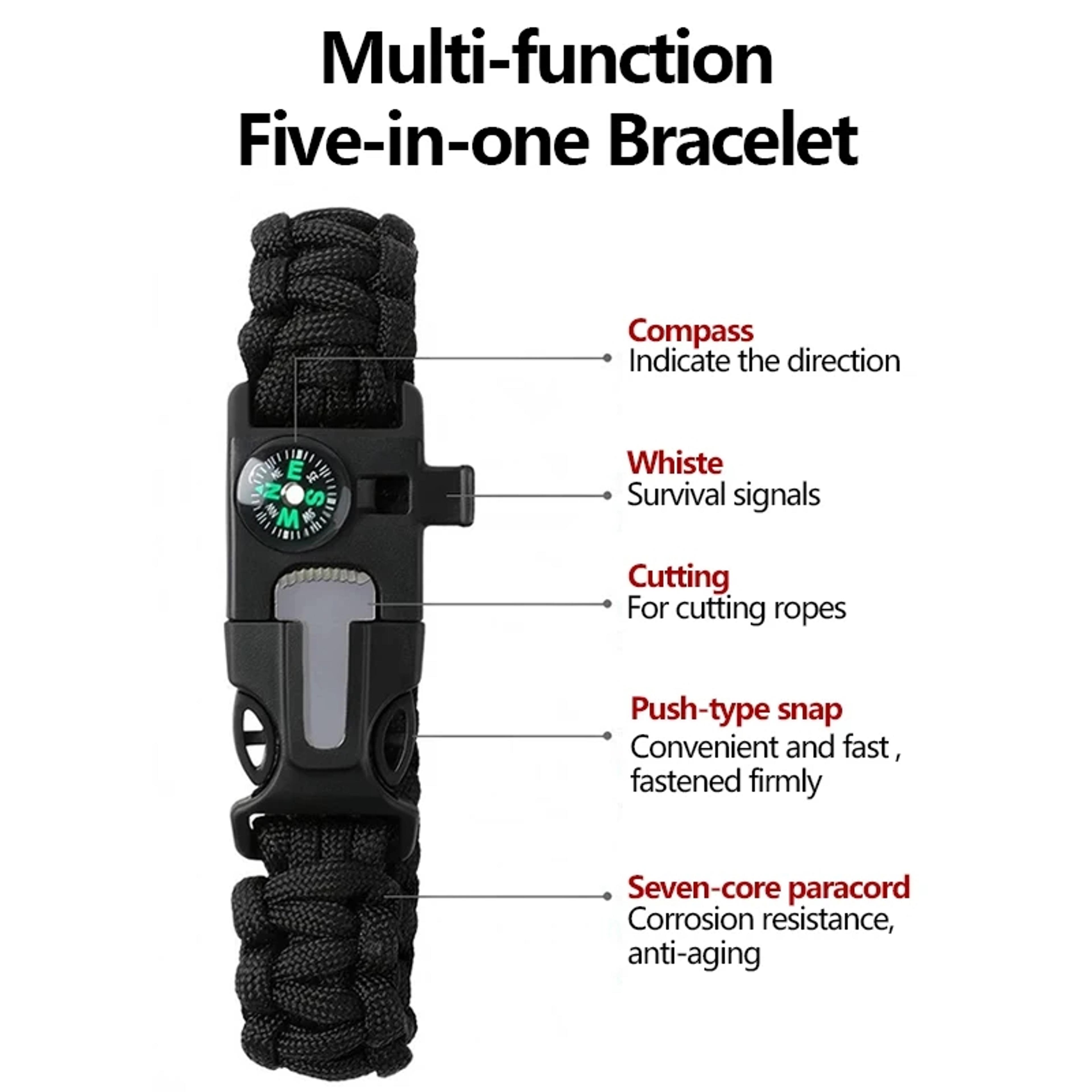 Five In One Survival Bracelet With Compass  Flint Paracord For Hiking 5