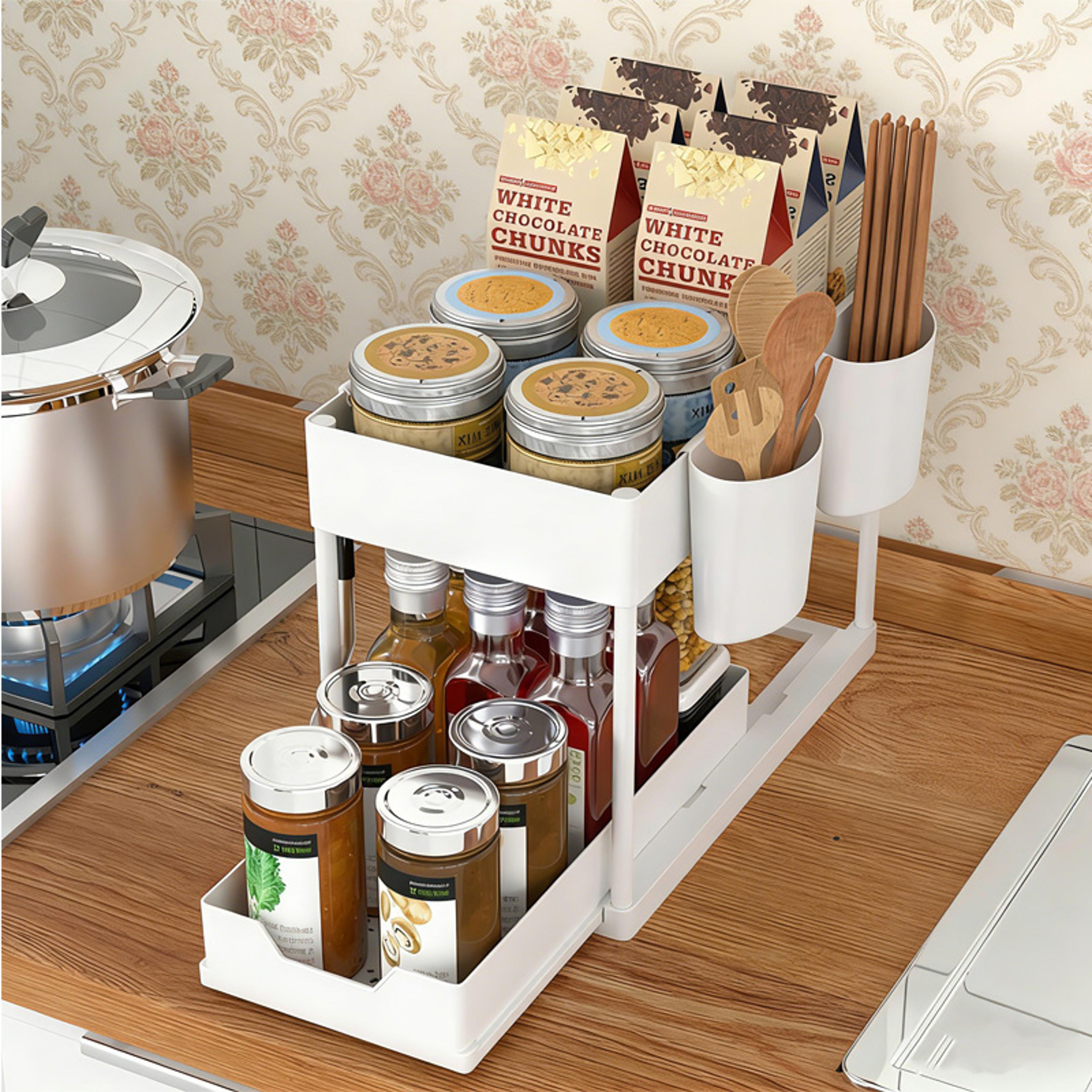 under sink organizer with sliding basket space saving kitchen cabinet storage rack