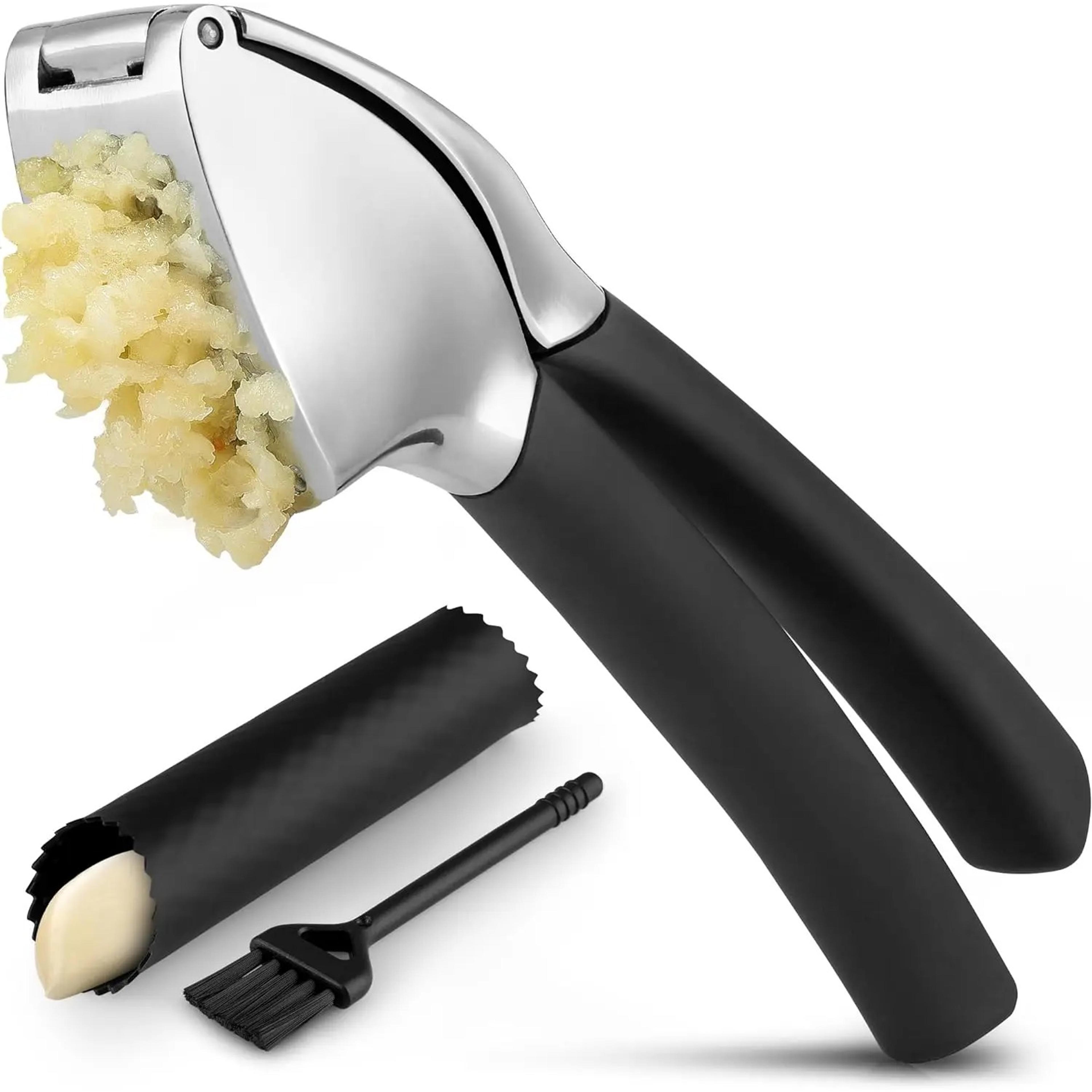 premium stainless steel garlic press set with silicone peeler & brush