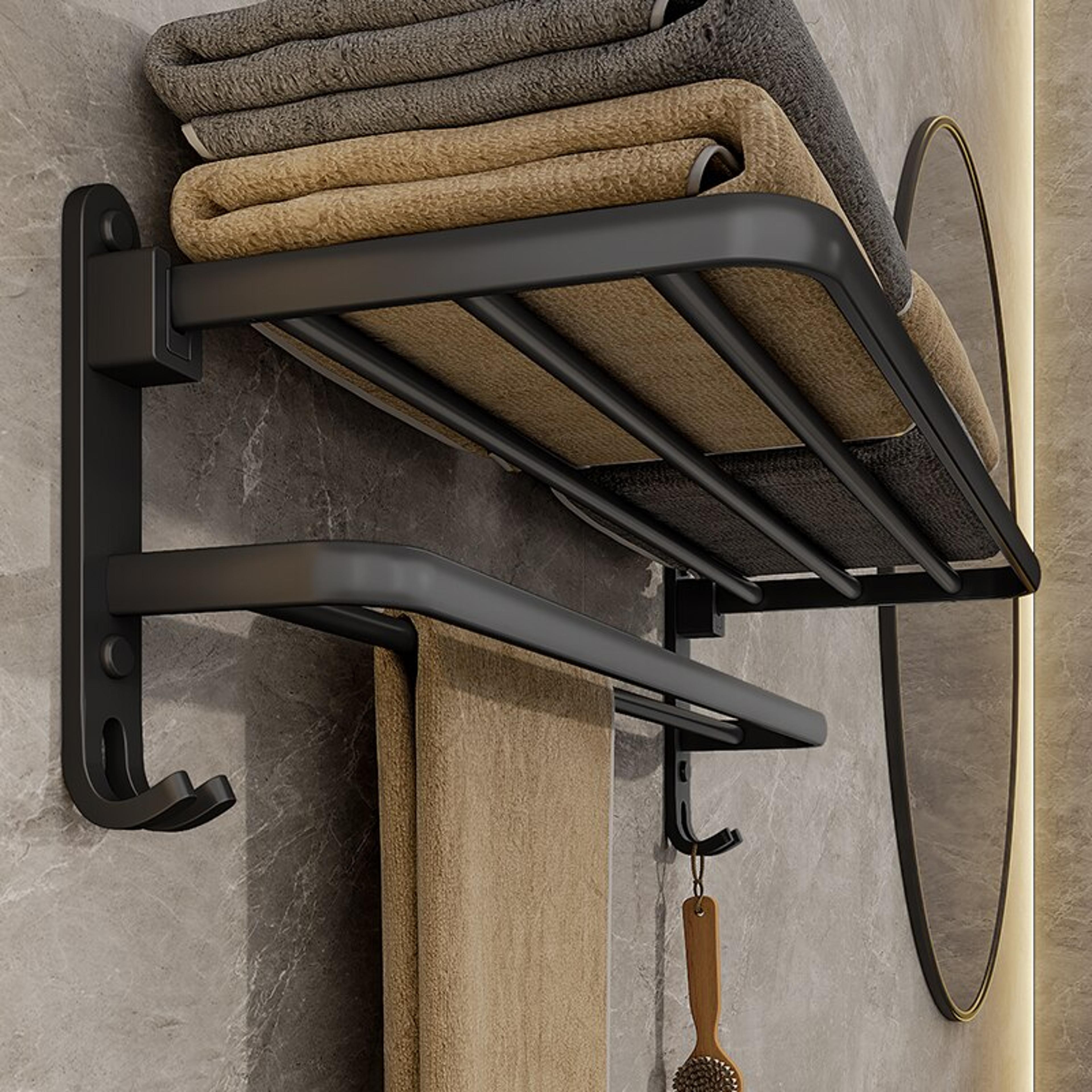 matte black wall mounted folding towel rack with hook