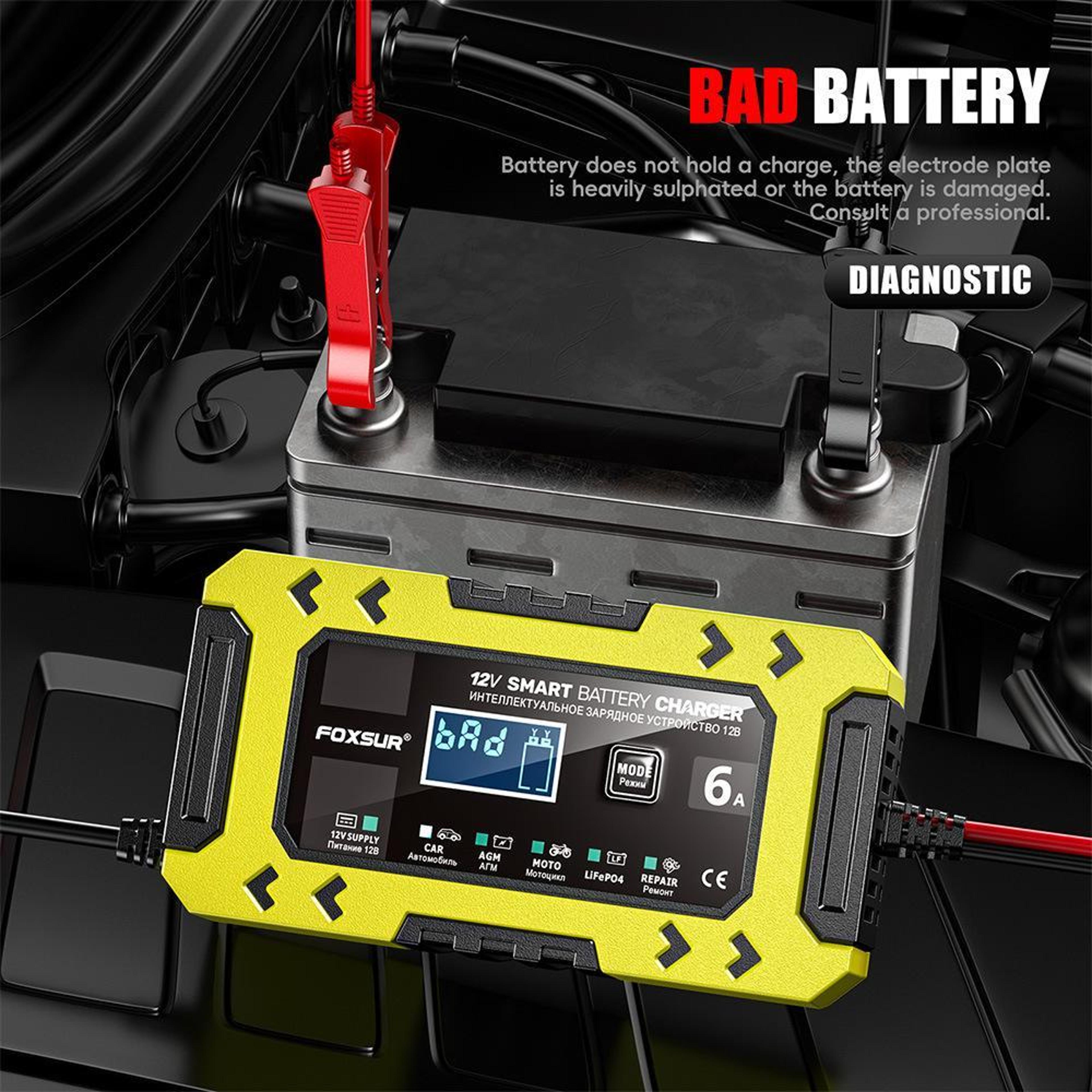 Smart Car Battery Charger 6A Auto Repair Maintainer For Cars Motorcycles 10