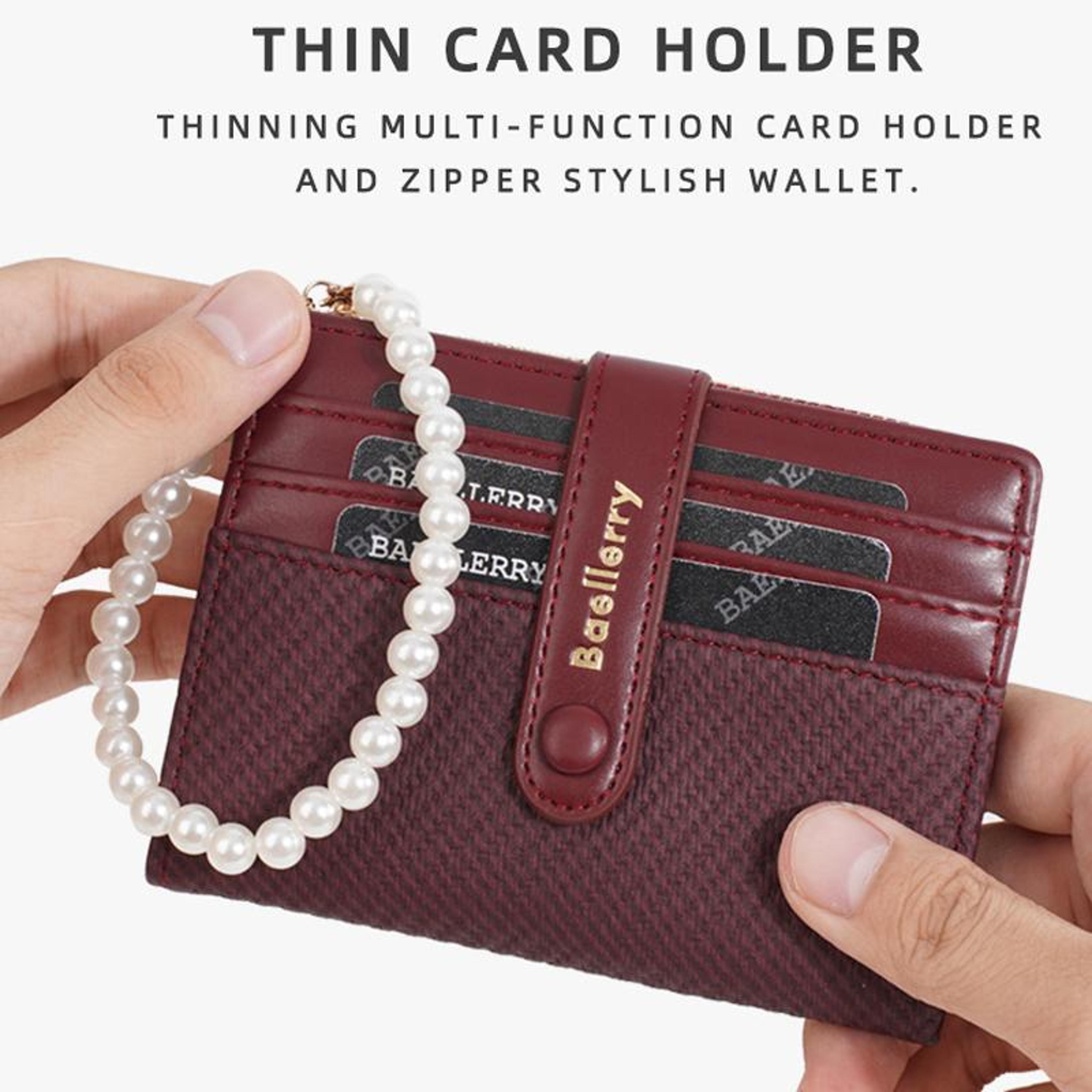 Pearl Chain Women Short Wallet Slim Compact Card Holder With Zipper Coin Pouch 2