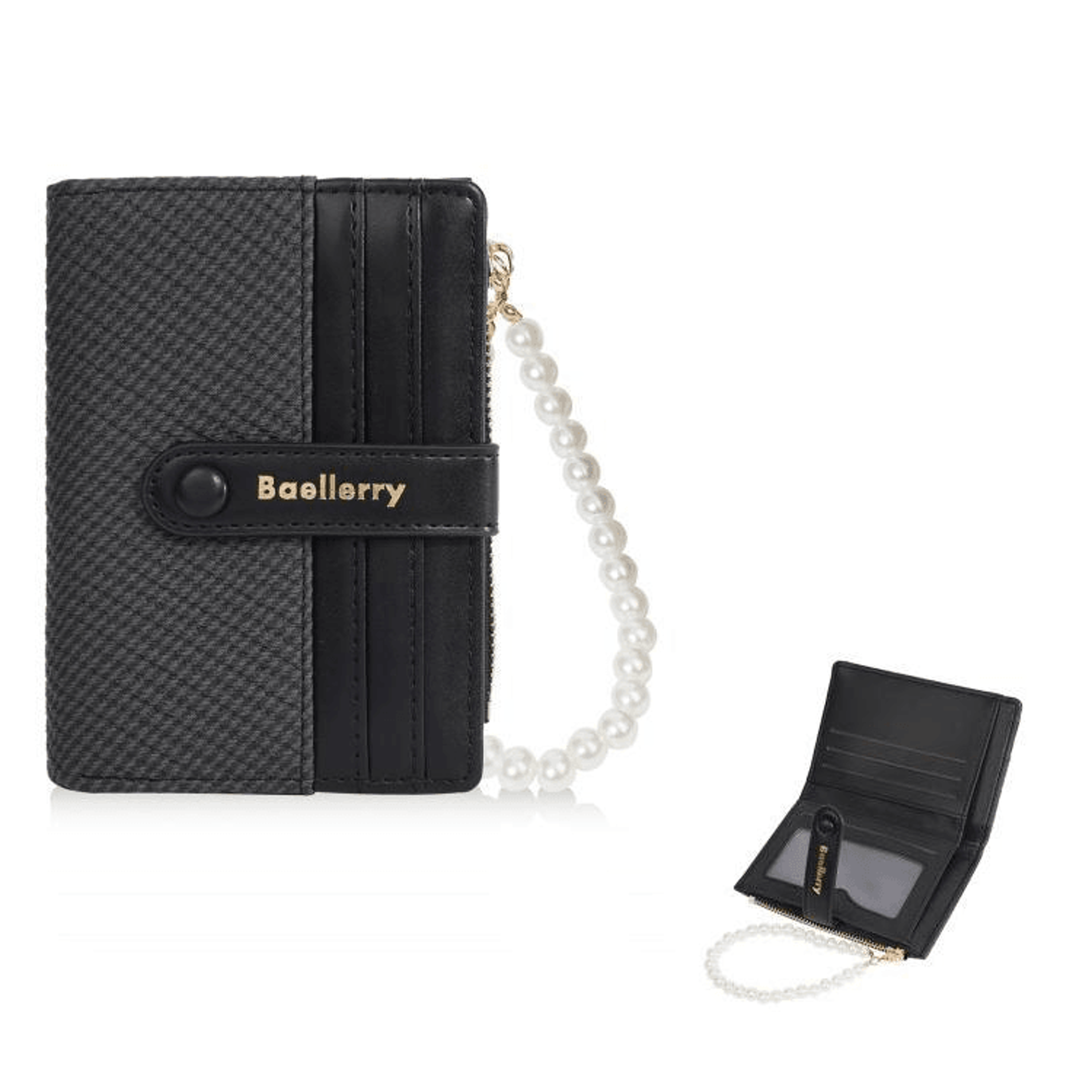 Pearl Chain Women Short Wallet Slim Compact Card Holder With Zipper Coin Pouch 8