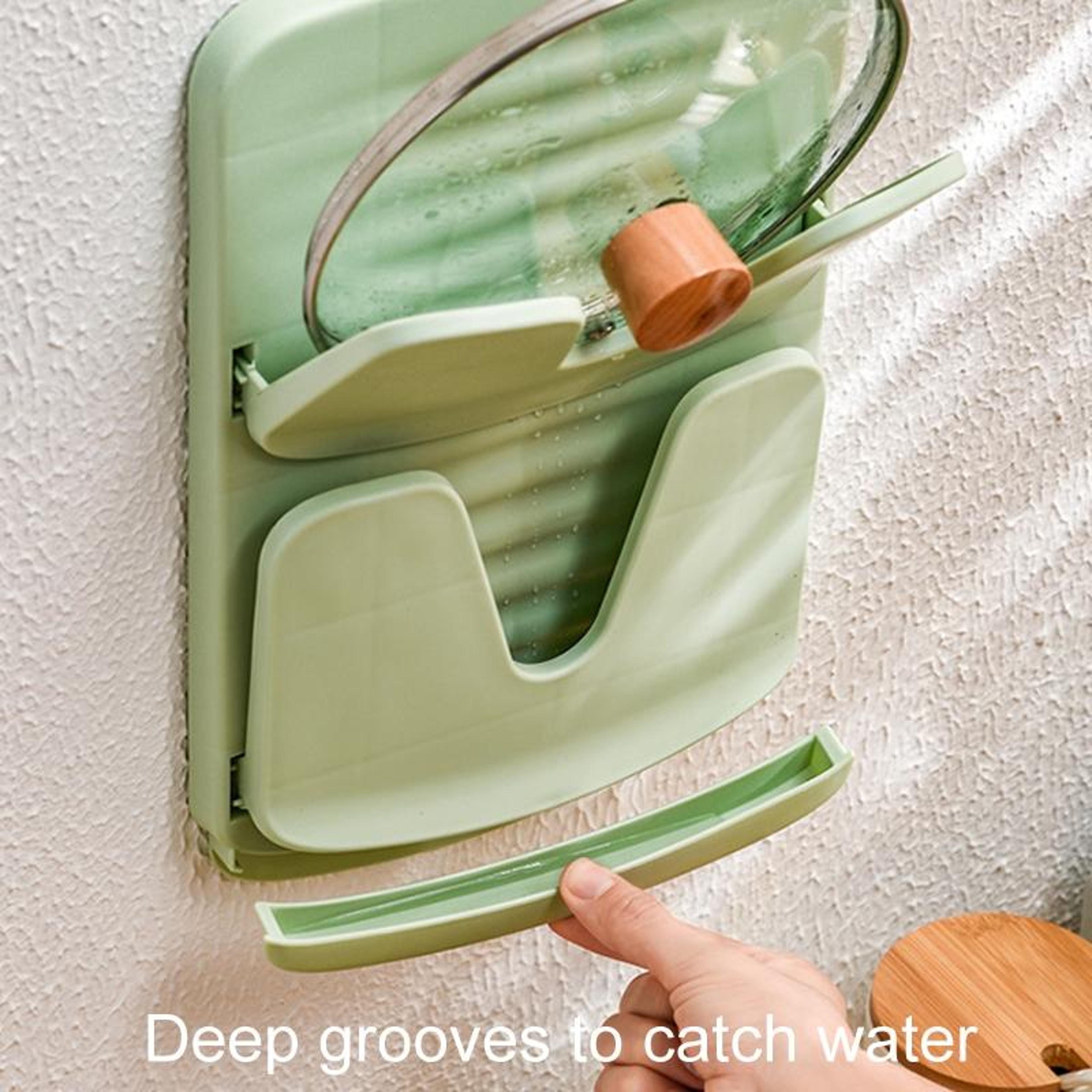 Foldable Wall Mounted Pot Lid Holder With Drain Tray Double Layer Kitchen Organizer 2