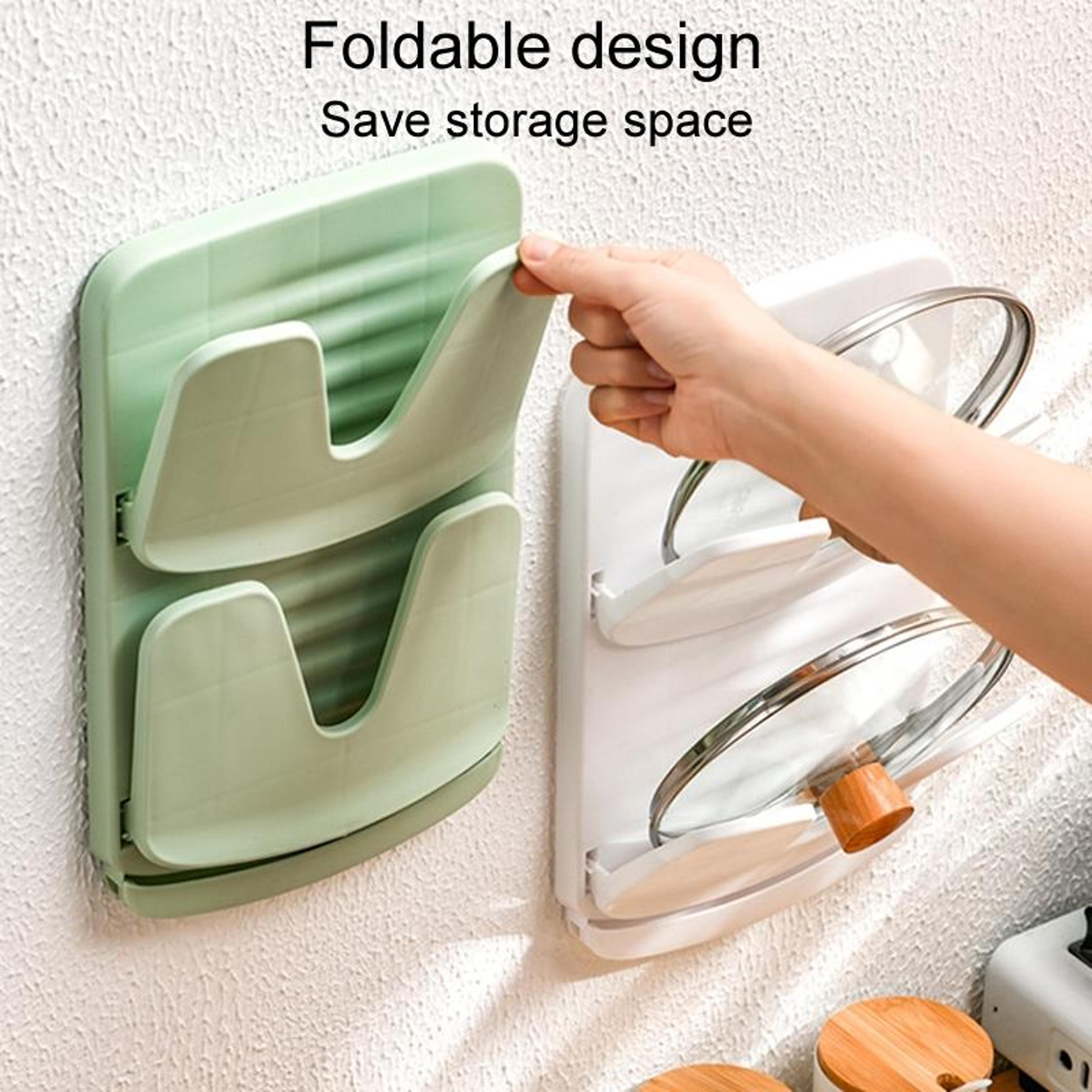 Foldable Wall Mounted Pot Lid Holder With Drain Tray Double Layer Kitchen Organizer 3