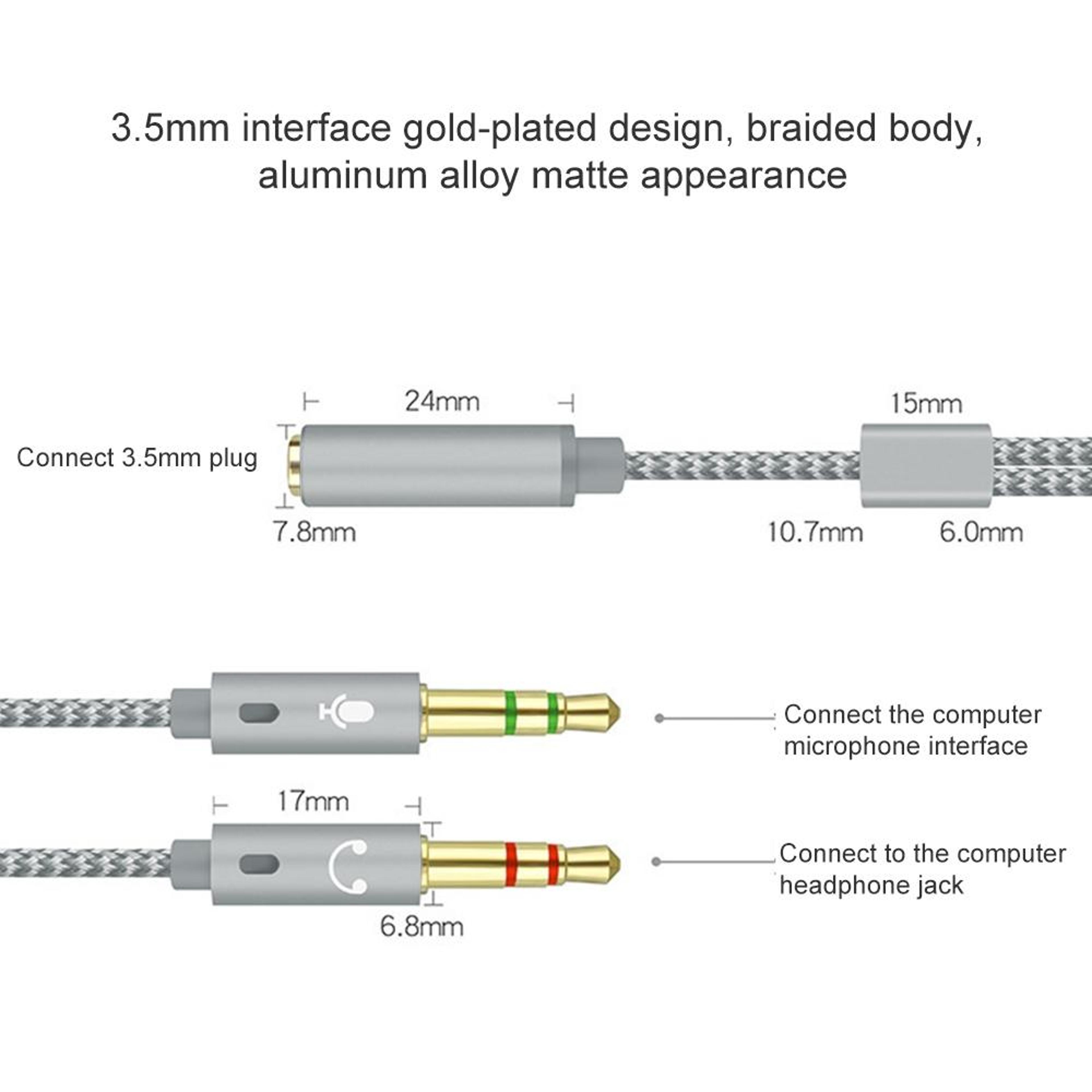 2 In 1 Audio Splitter Headphone Mic Adapter Braided AUX Cable 2