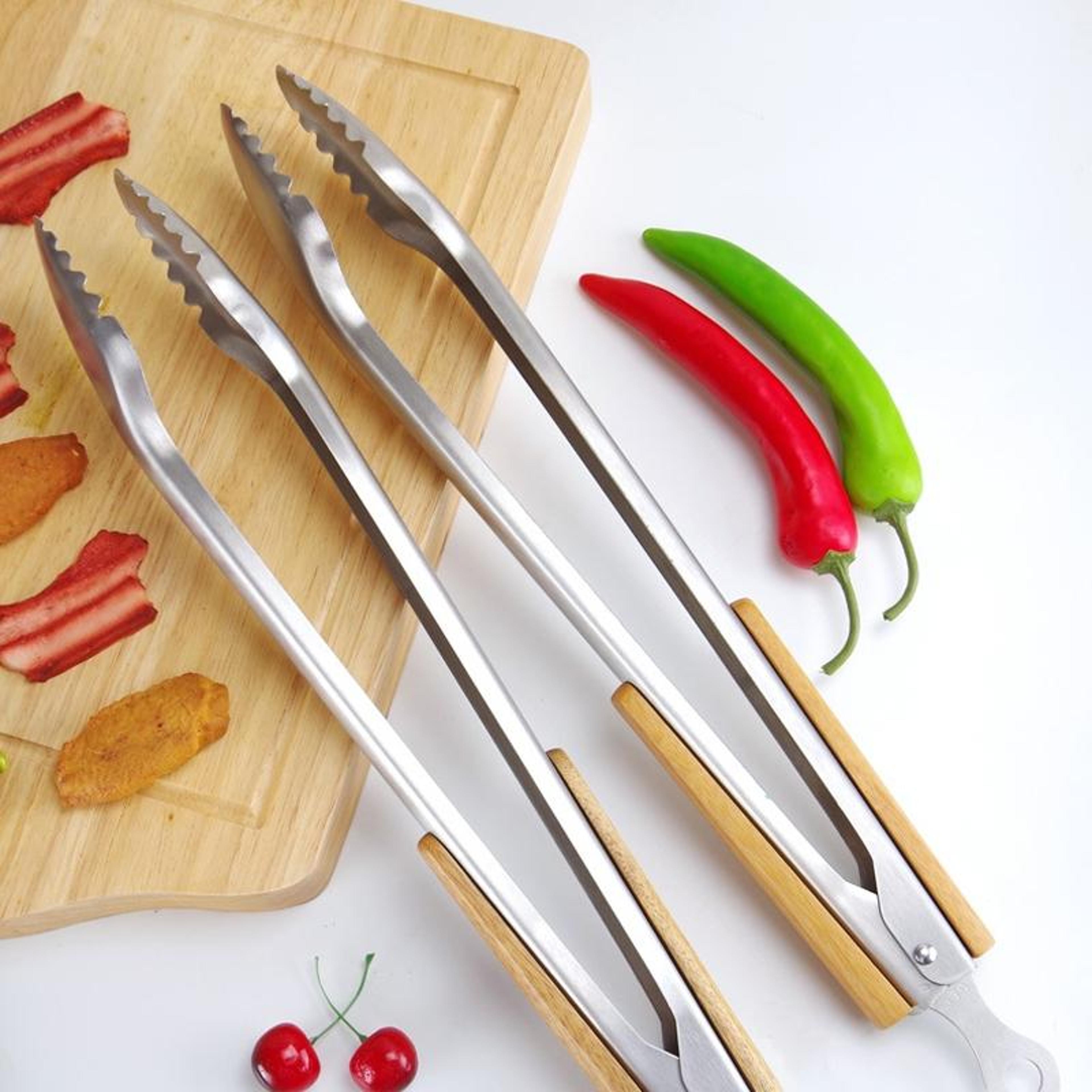 premium stainless steel bbq tongs with heat-resistant wooden handle