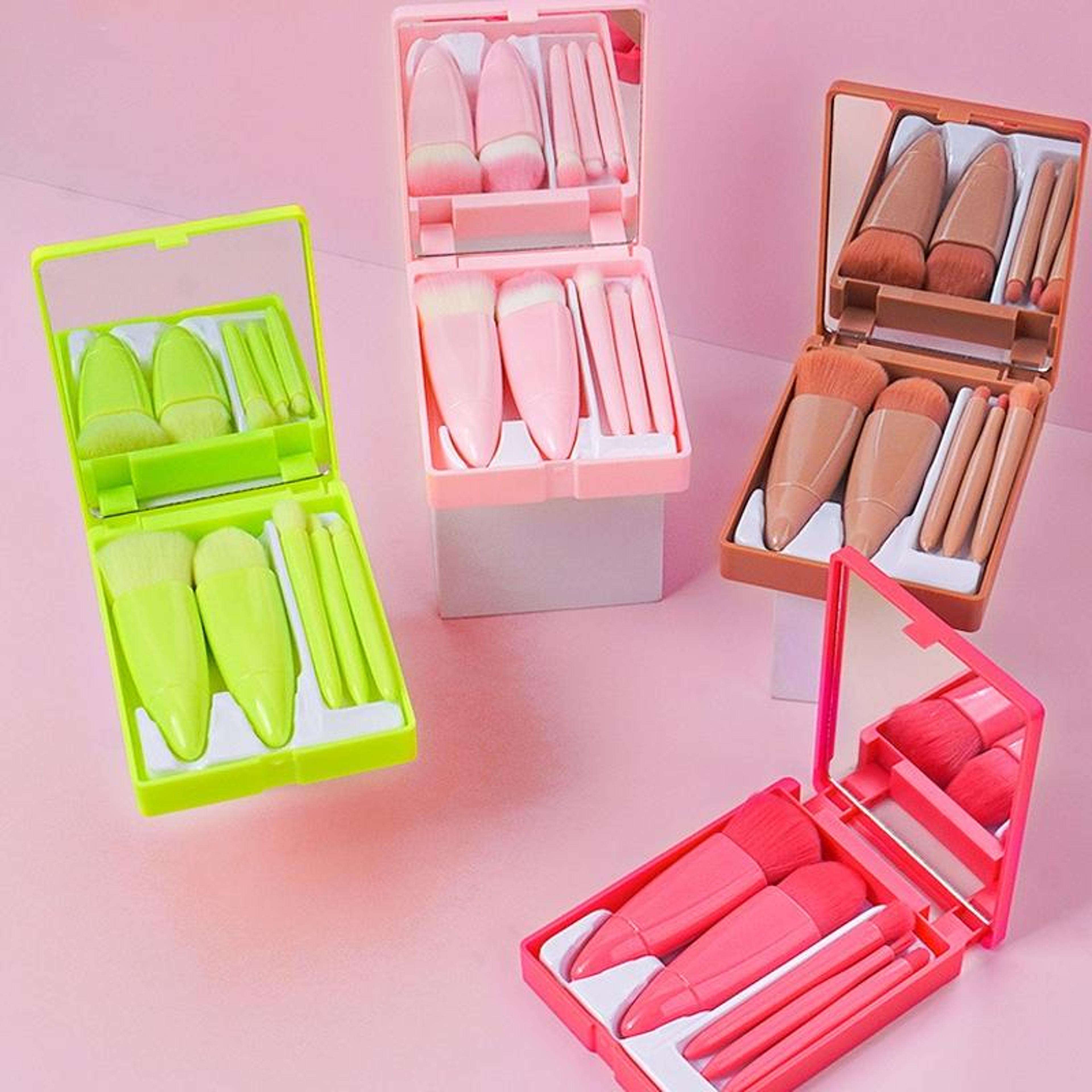 Portable Makeup Brush Set With Mirror Compact Travel Makeup Brushes 5 Piece Mini Kit 0