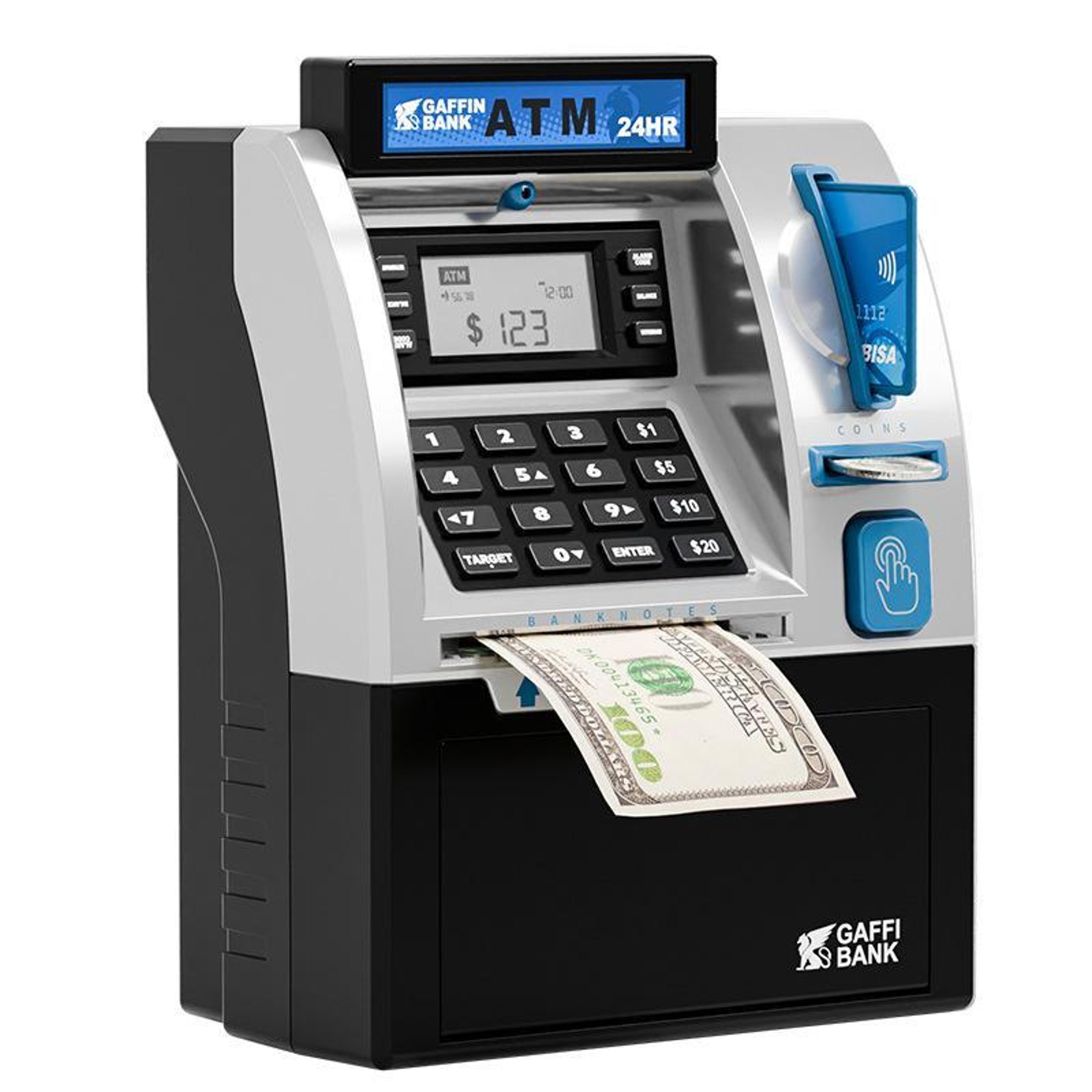 electronic atm piggy bank for kids with card swipe, password lock, coin & cash savings safe