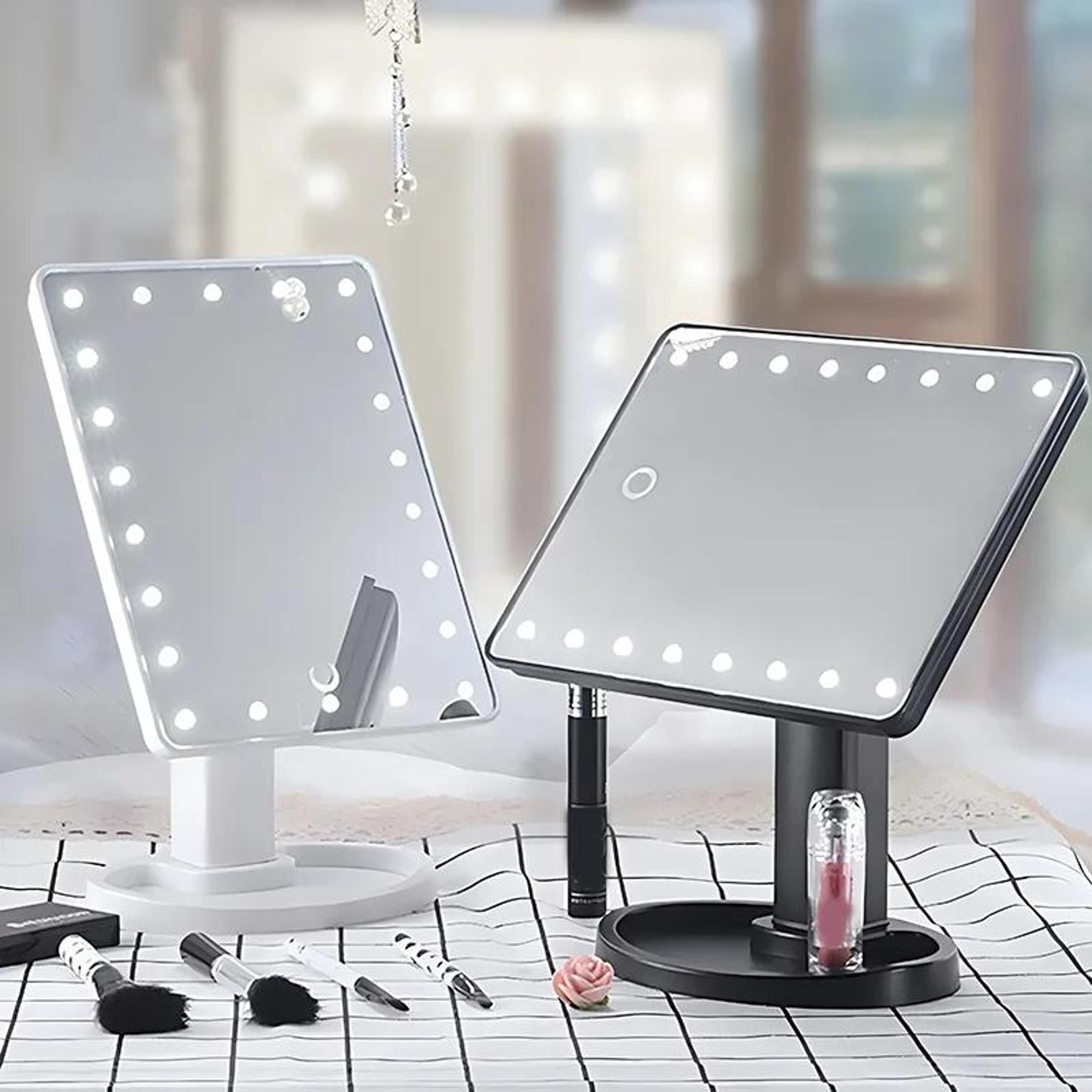 LED Lighted Makeup Mirror With Storage Base  Touch Control Rotatable Vanity Mirror 0