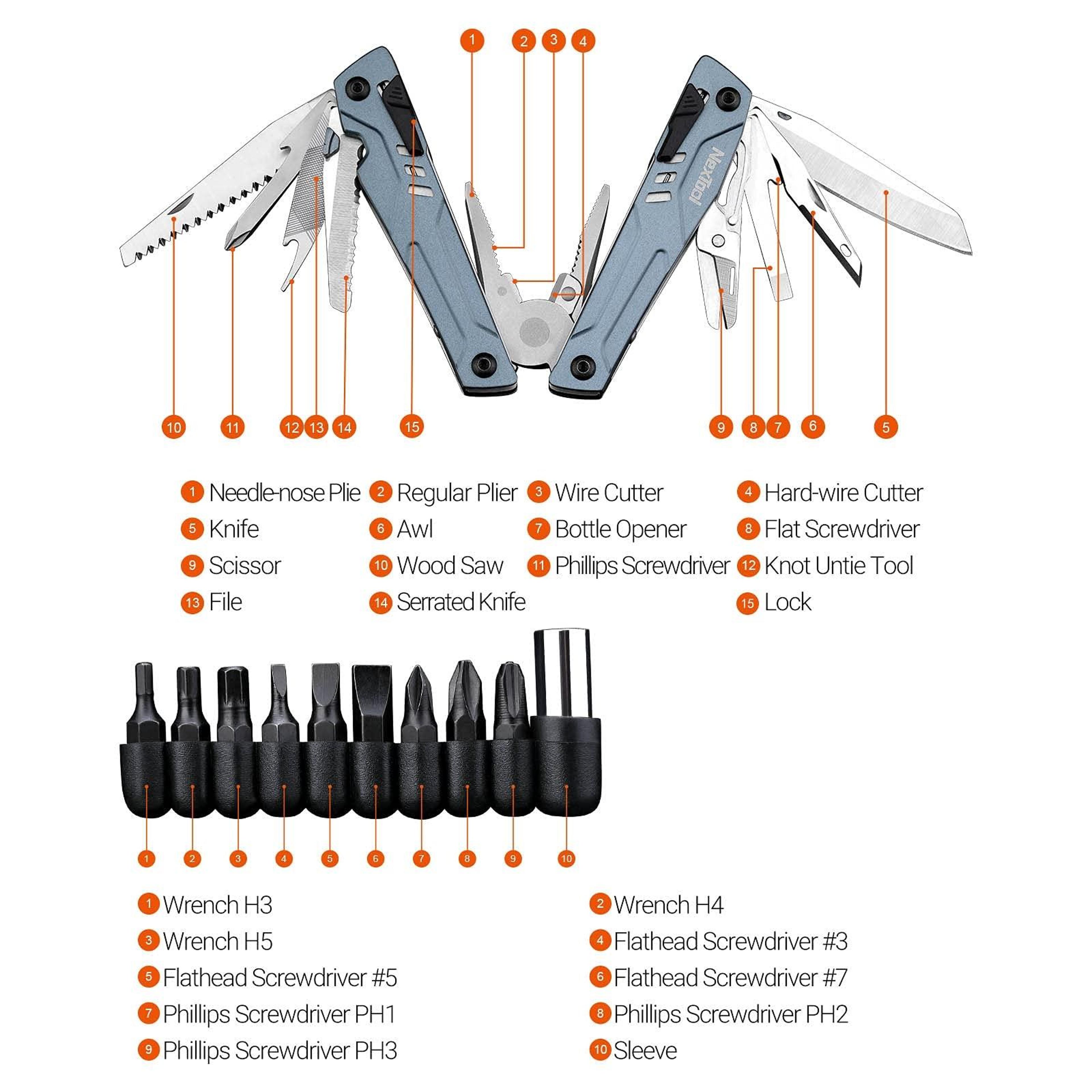 14 In 1 Camping Multi Tool Folding Pliers With Scissors  Bits 6