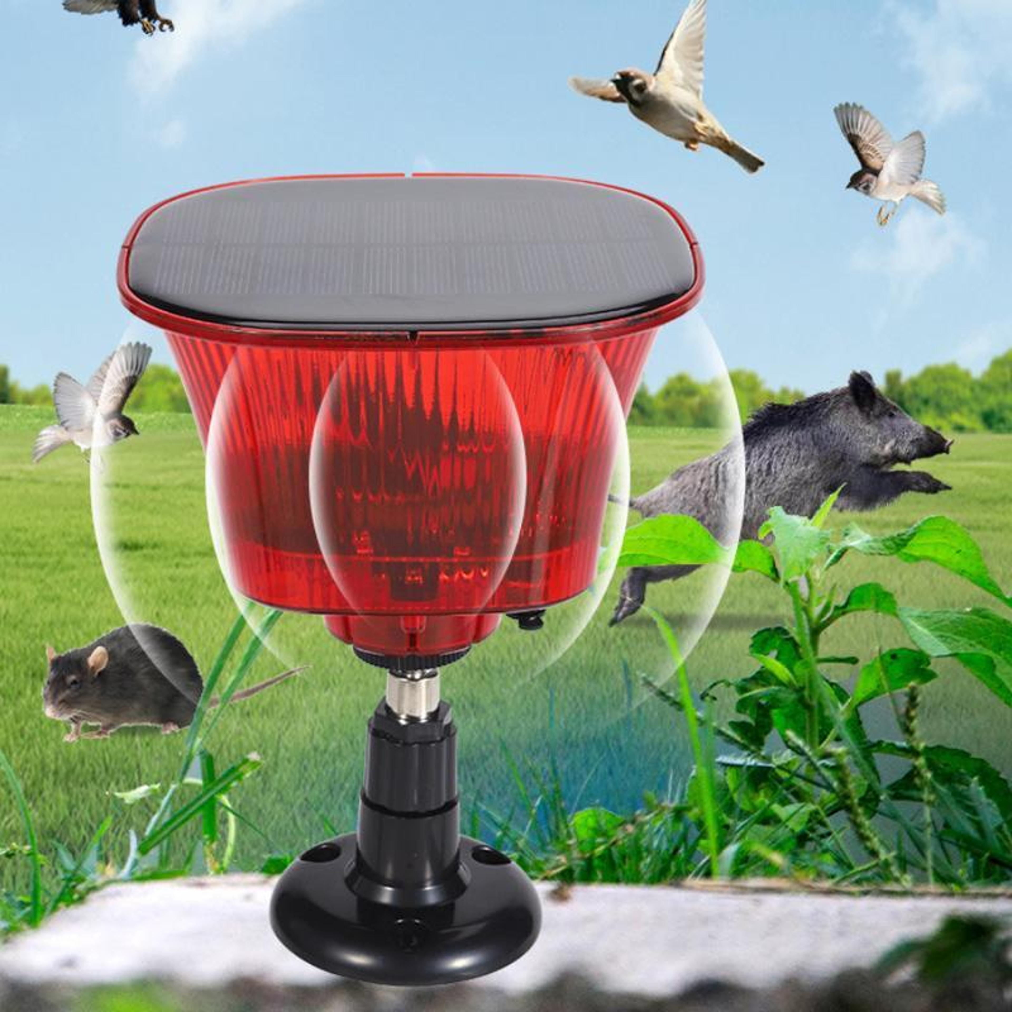 solar powered animal repellent alarm with flashing led light for farms, orchards & warehouses