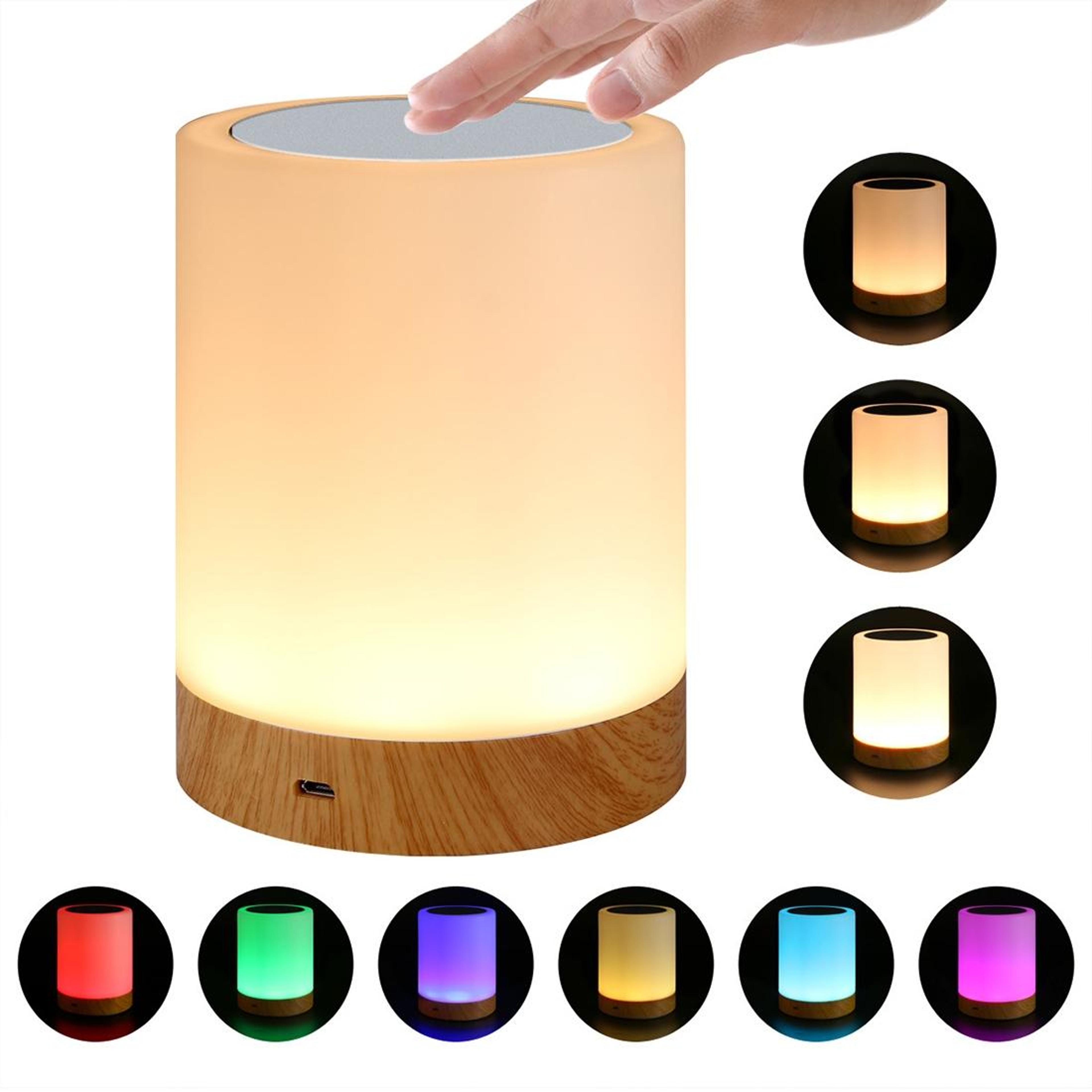 wood grain touch night light with rgb mood lighting & rechargeable battery