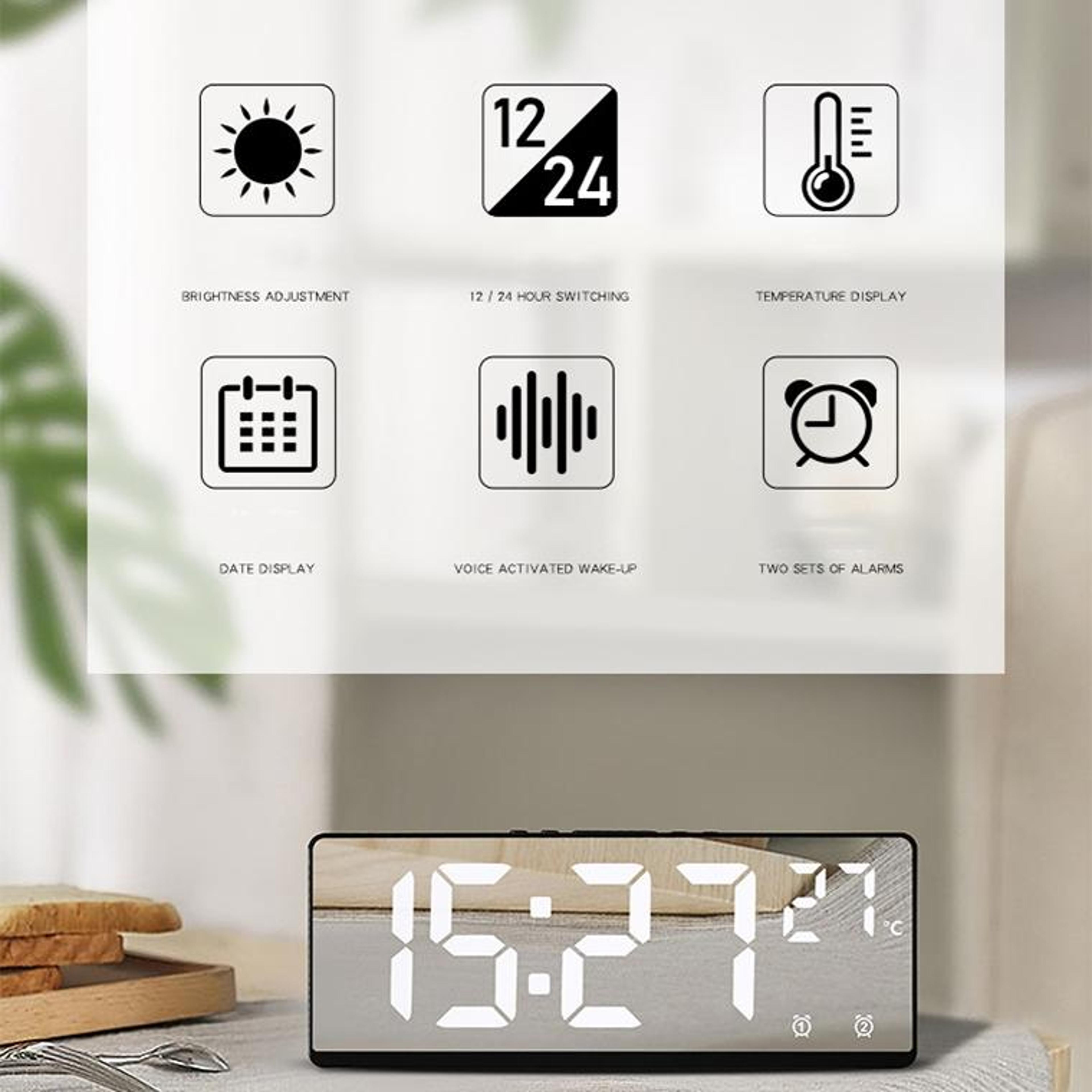 Smart LED Mirror Alarm Clock With Temperature Display And Voice Control 3