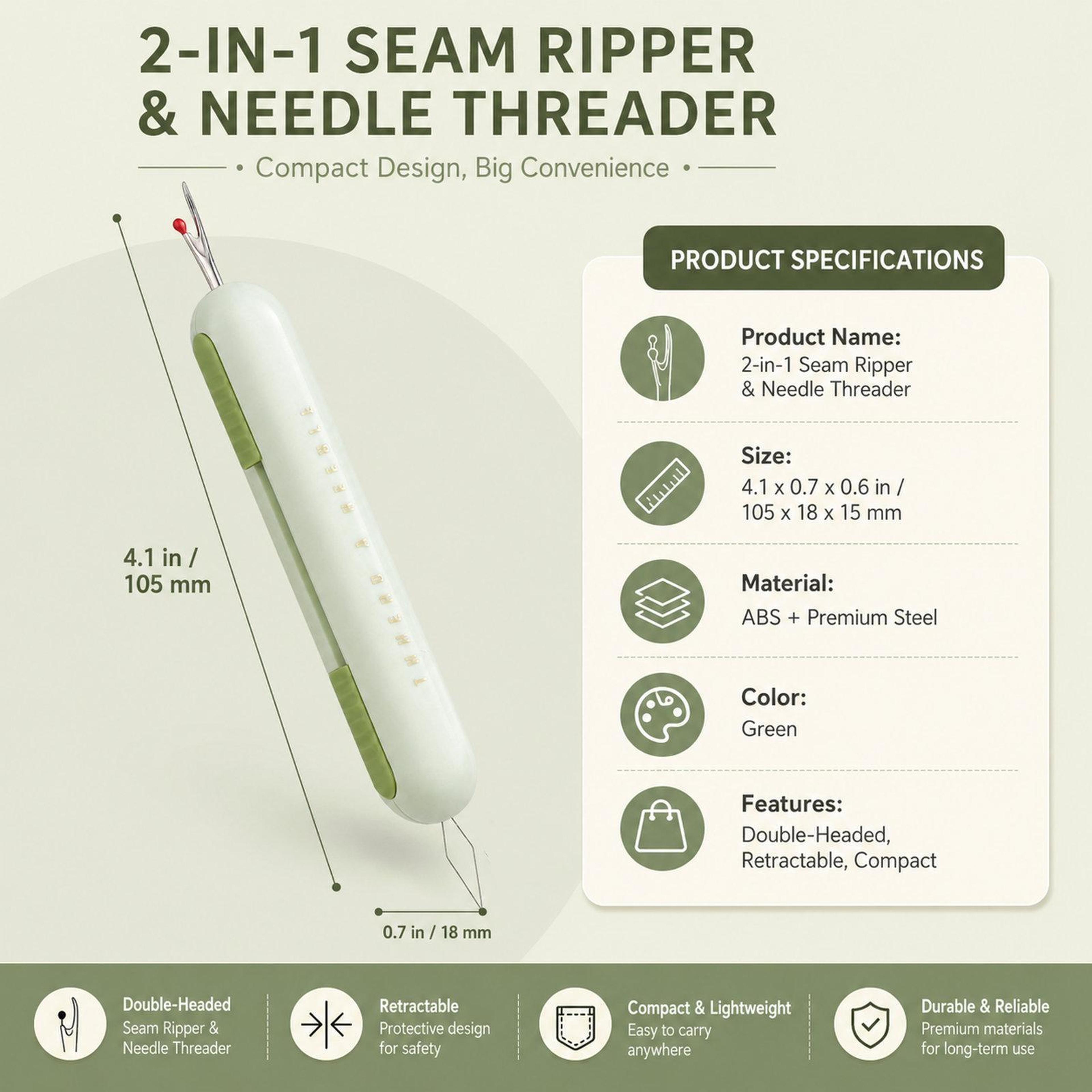 Retractable Seam Ripper  Needle Threader 2in1 Tool For Hand Sewing And Embroidery 6