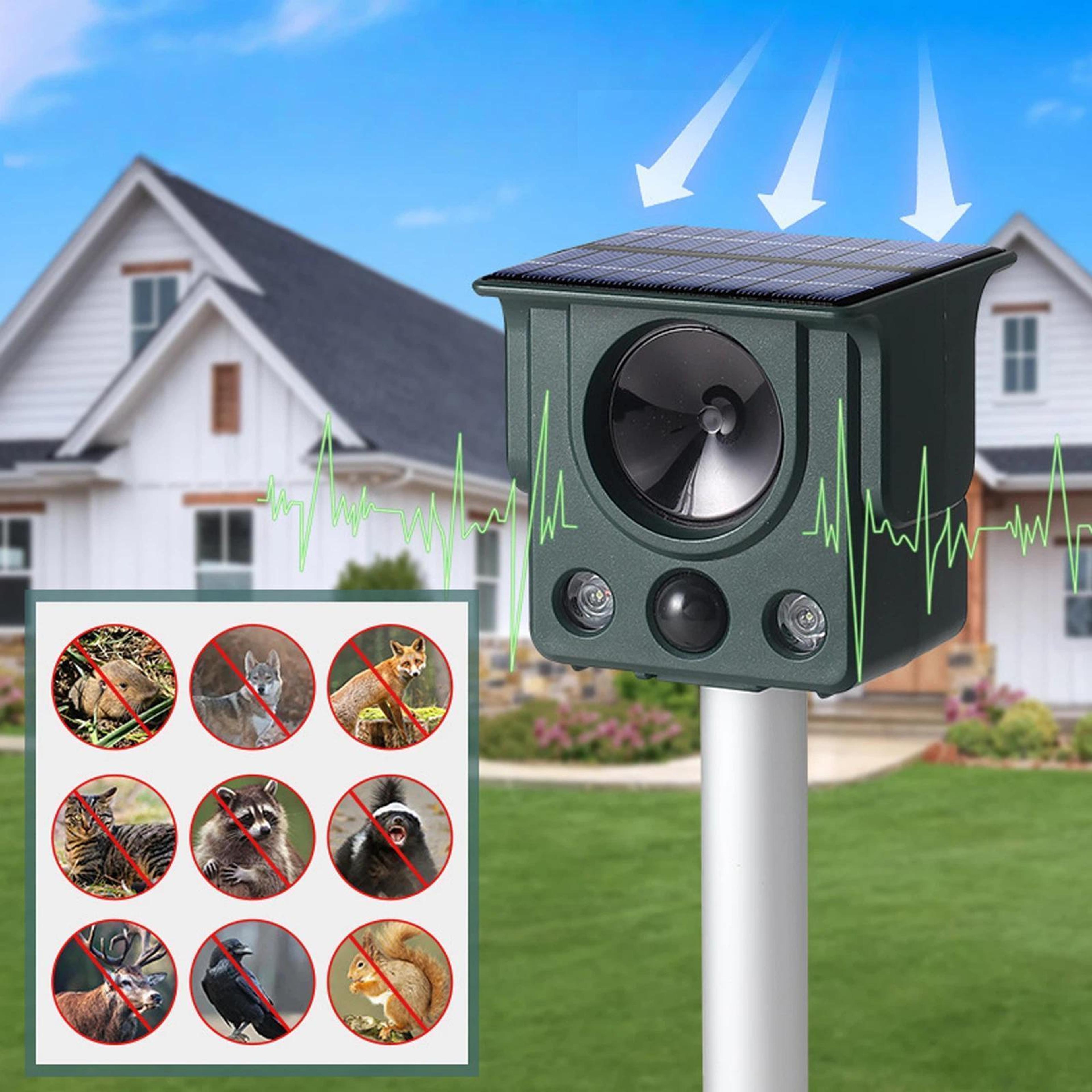 solar ultrasonic animal repeller with led strobe & motion sensor for gardens and farms