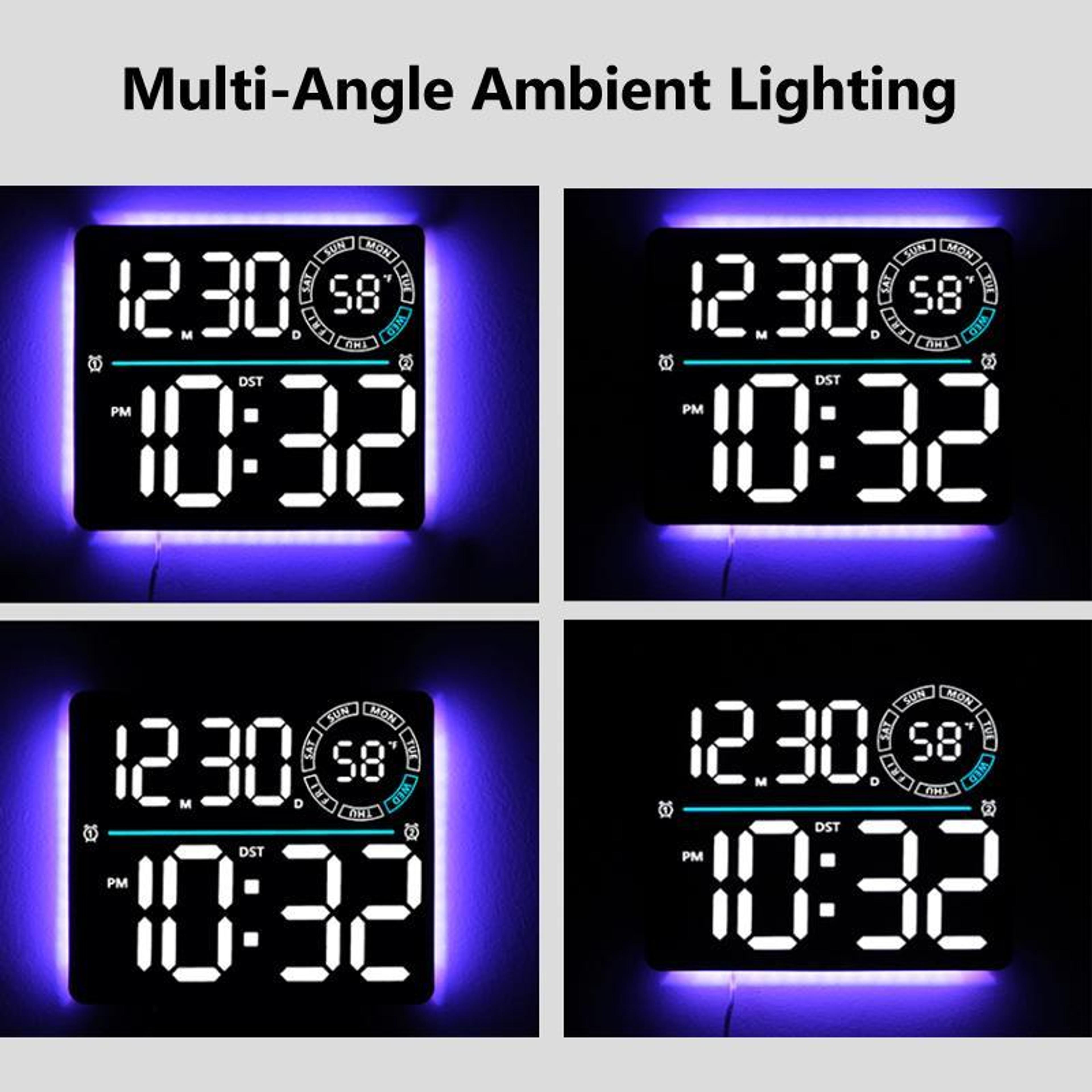 RGB LED Digital Wall Clock With Large Display Dual Alarm Timer  Auto Dimming Night Light 6