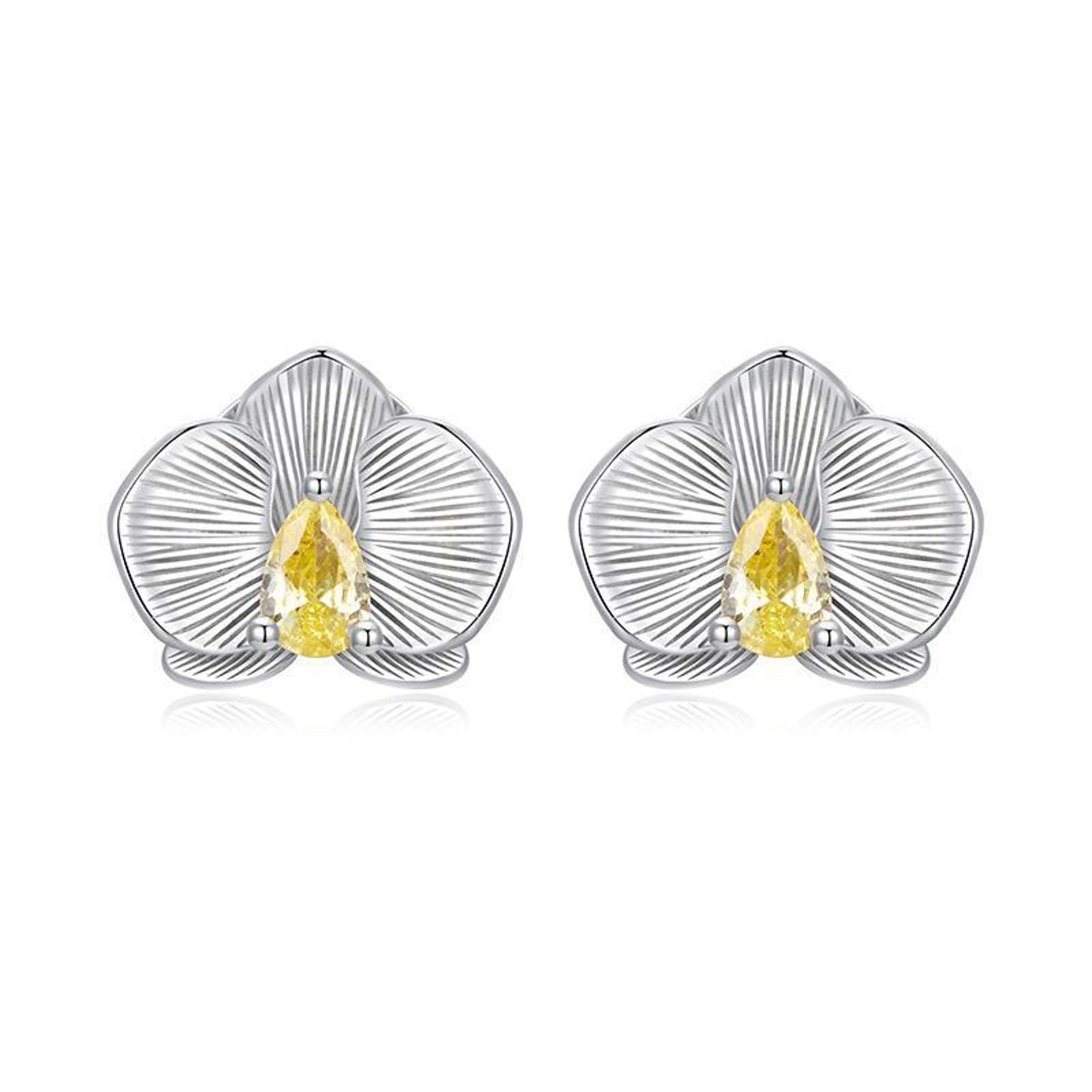 Sterling Silver Butterfly Orchid Earrings With Sparkling Zircon Platinum Plated Luxury Floral Studs 5
