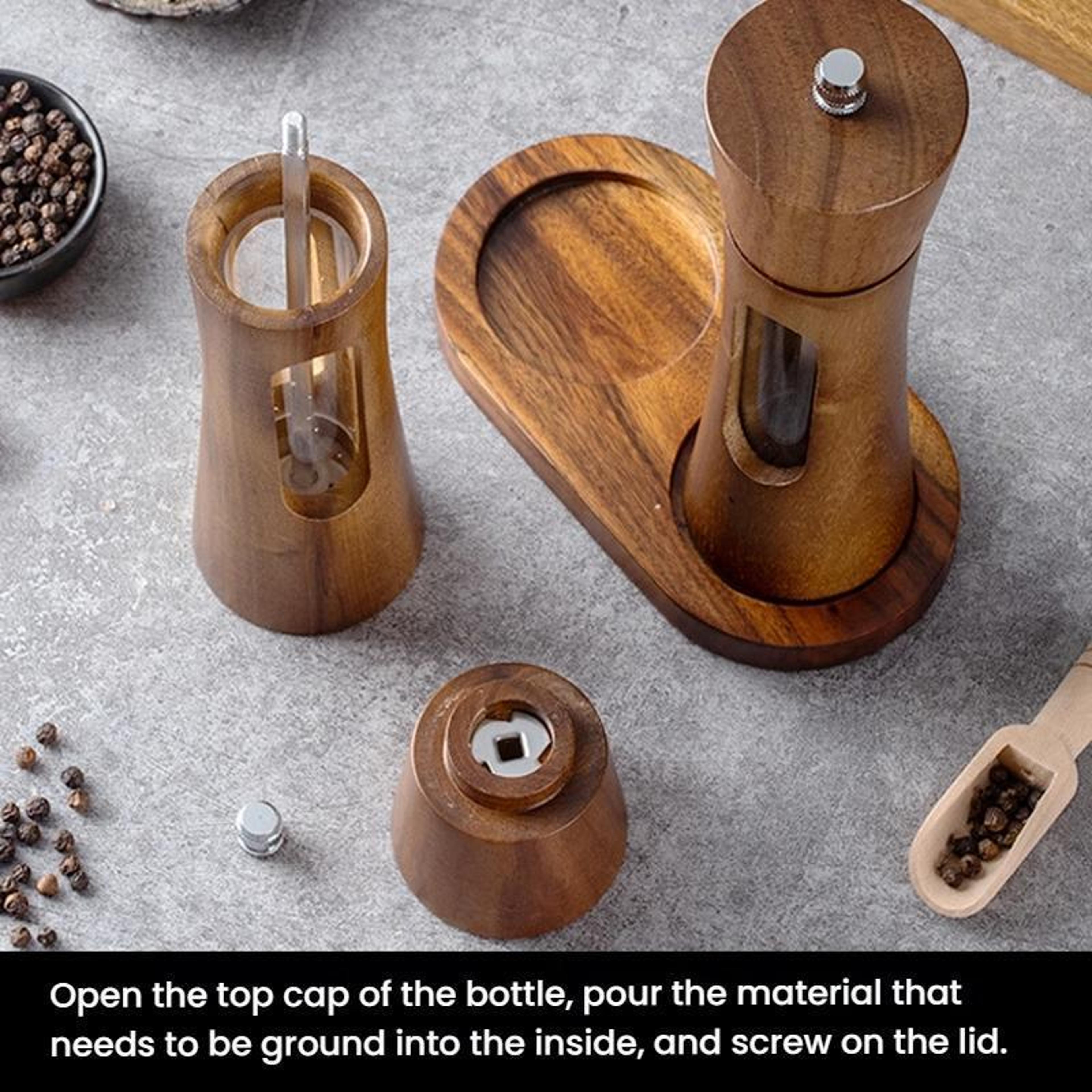 Wooden Pepper Grinder With Adjustable Ceramic Core And Clear Acrylic Spice Chamber 3