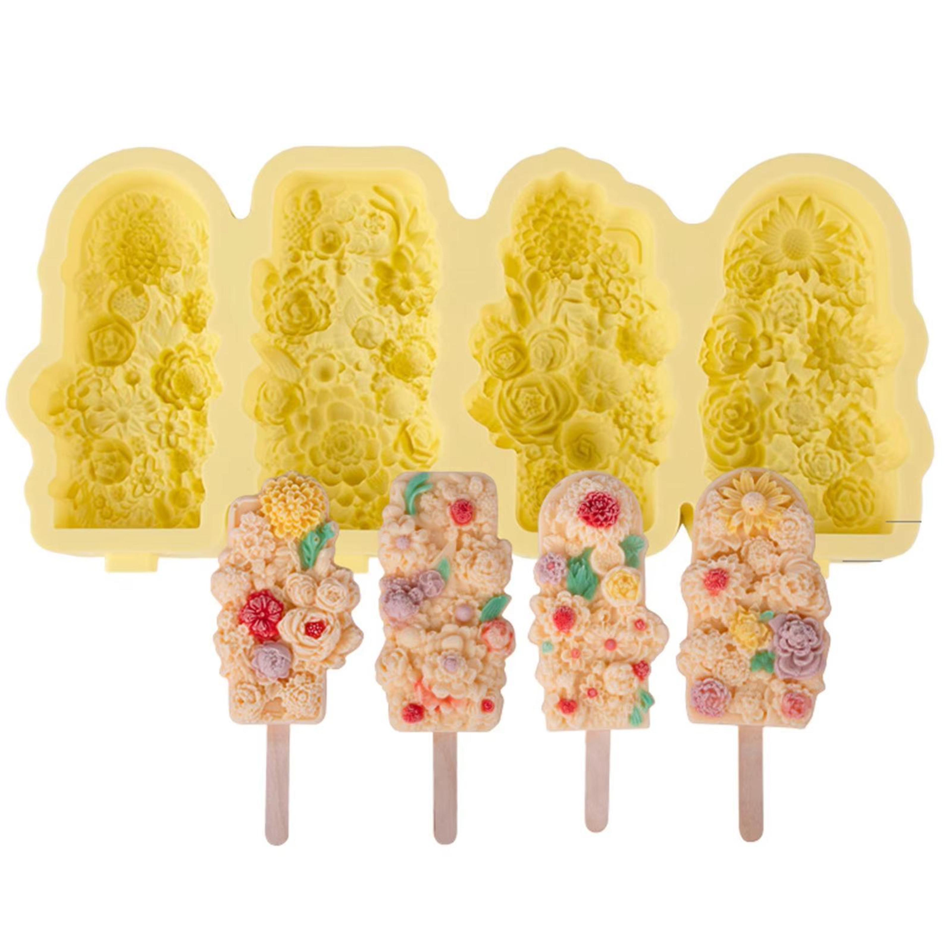 flower-shaped silicone ice pop mold set, 4-cavity food grade popsicle mold for homemade frozen treats