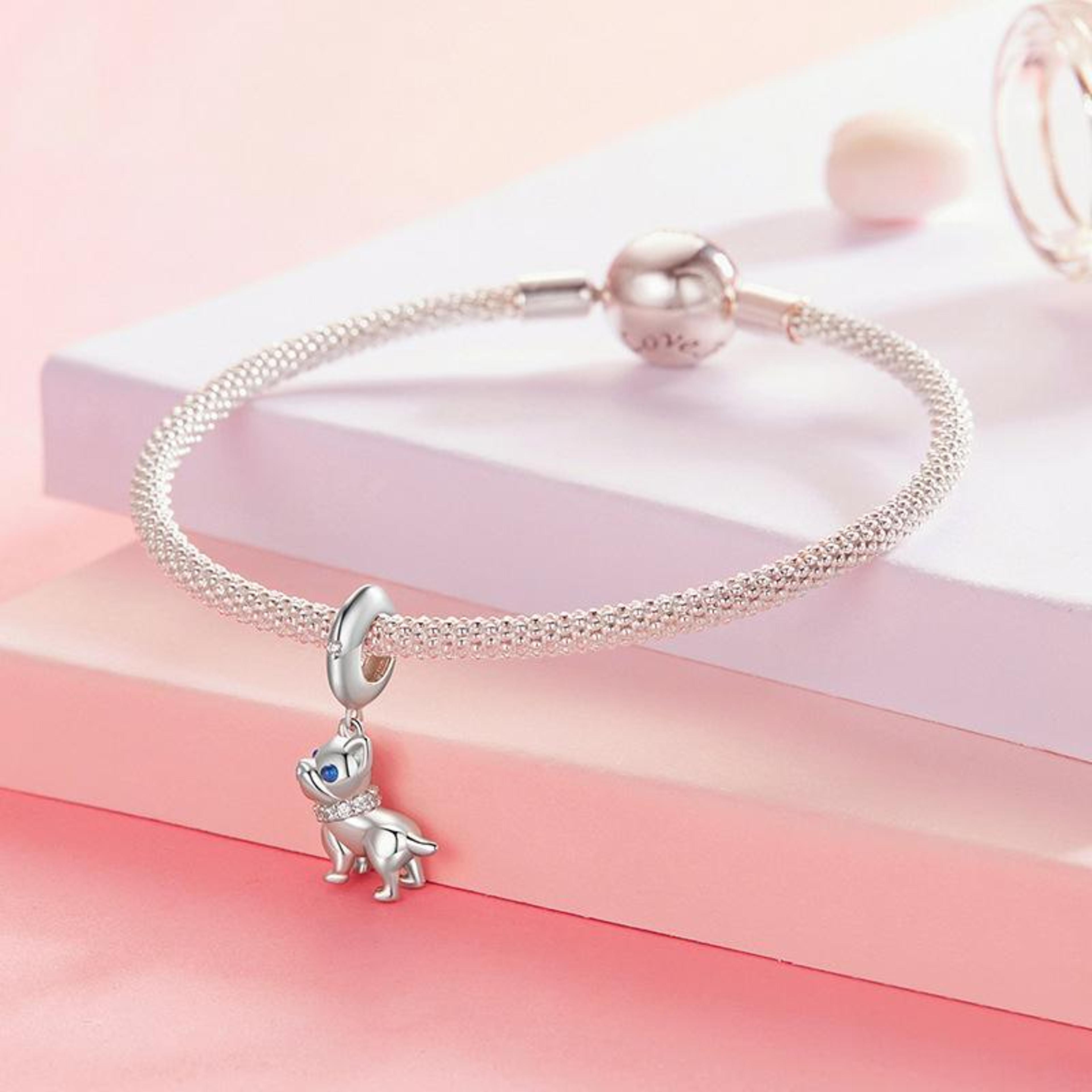 French Bulldog Sterling Silver Charm Bead Bracelet Pendant With Zircon Accents 5
