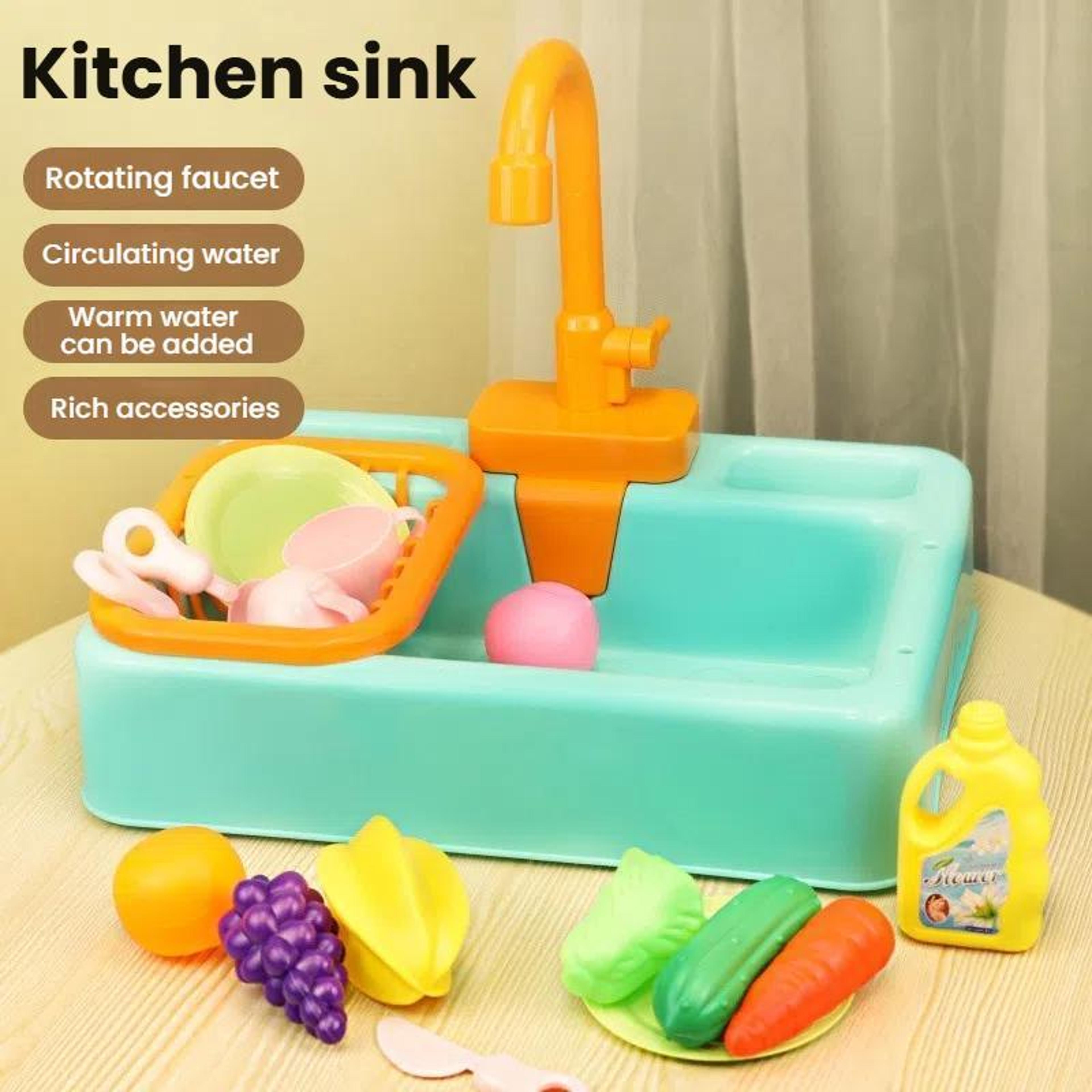 Interactive Kids Kitchen Sink Toy With Running Water  Play Dishwasher Set 6