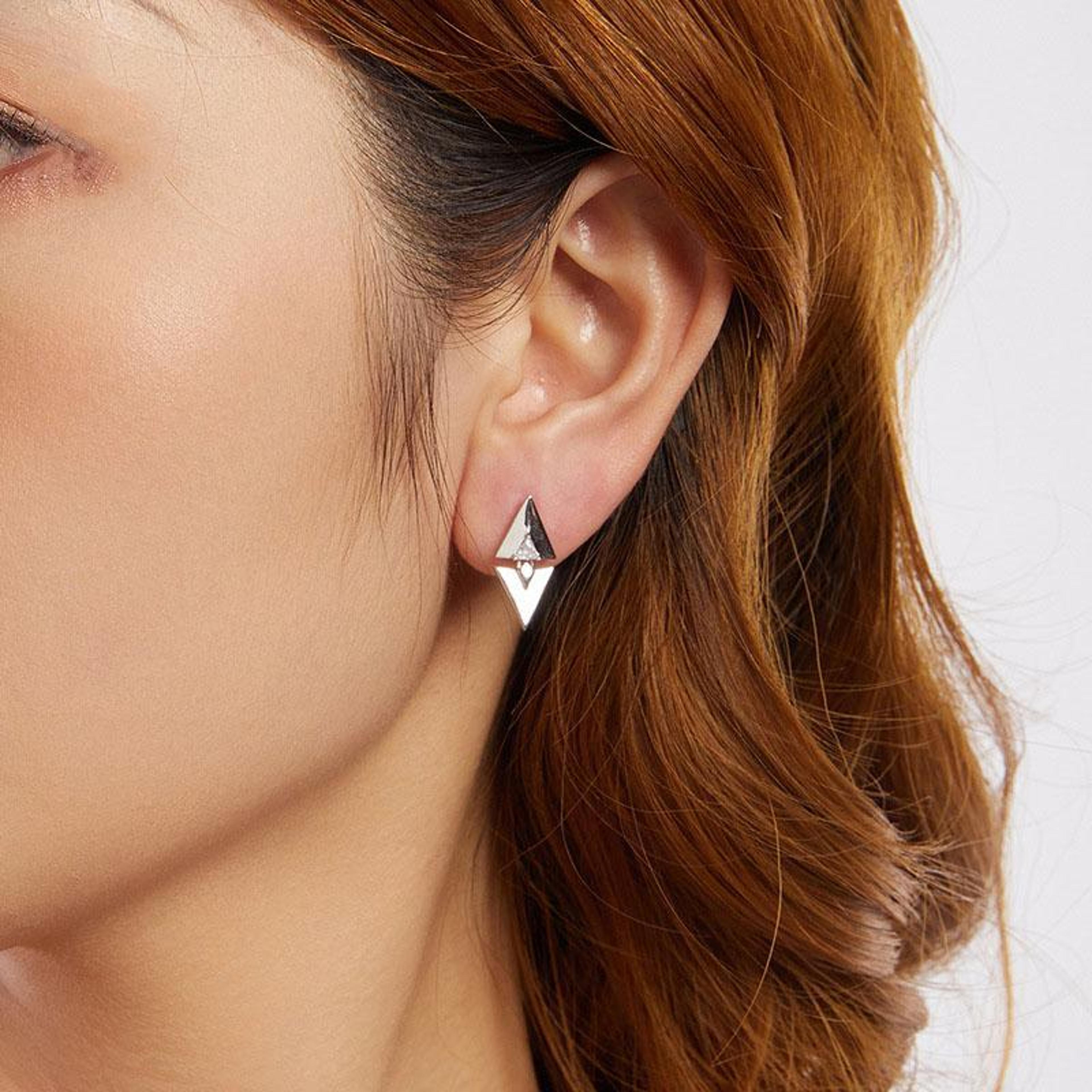 geometric triangle stud earrings in 925 sterling silver with platinum plating & zircon sparkle
