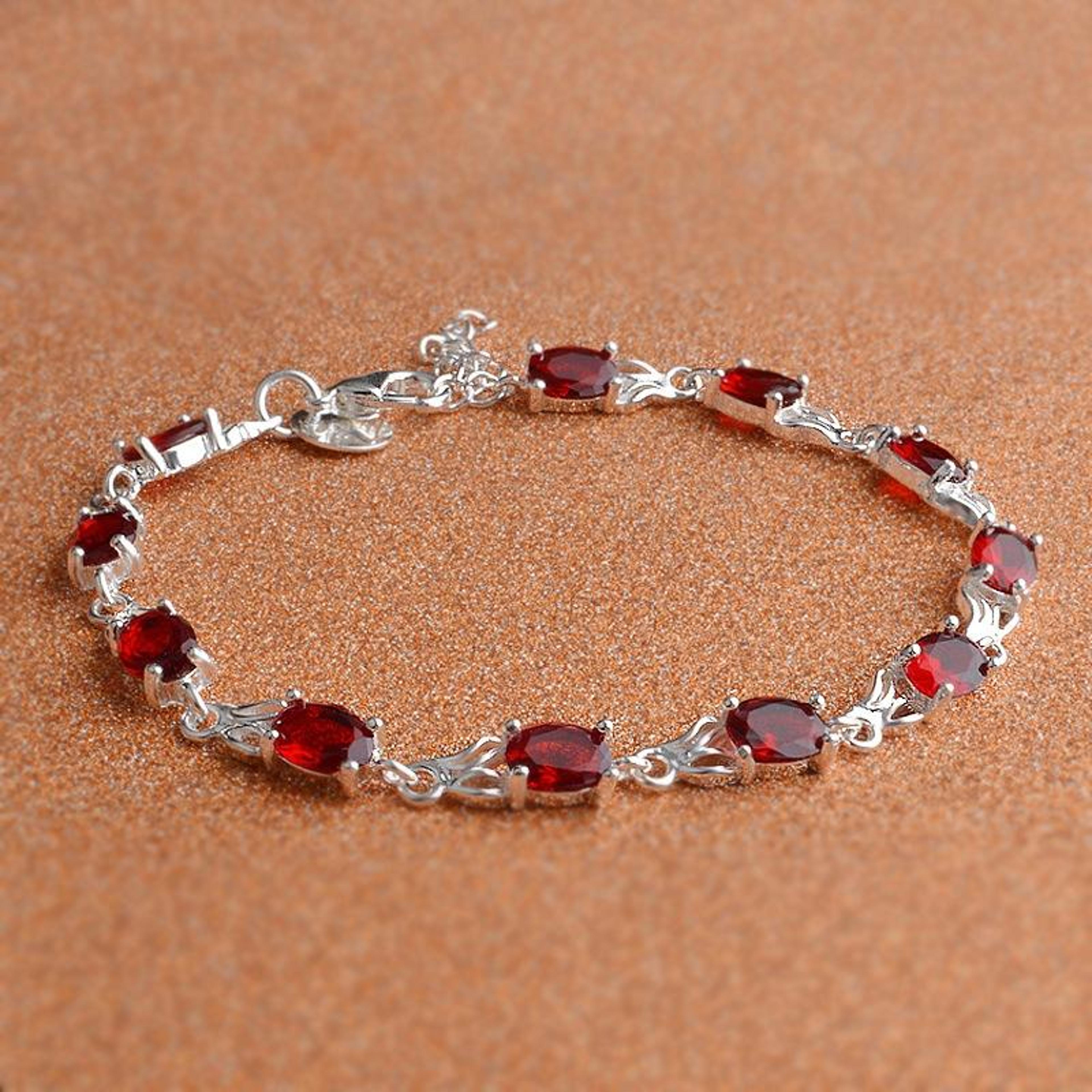 Elegant Ruby Charm Bracelet For Women Red Gemstone Silver Tone Fashion Jewelry 1