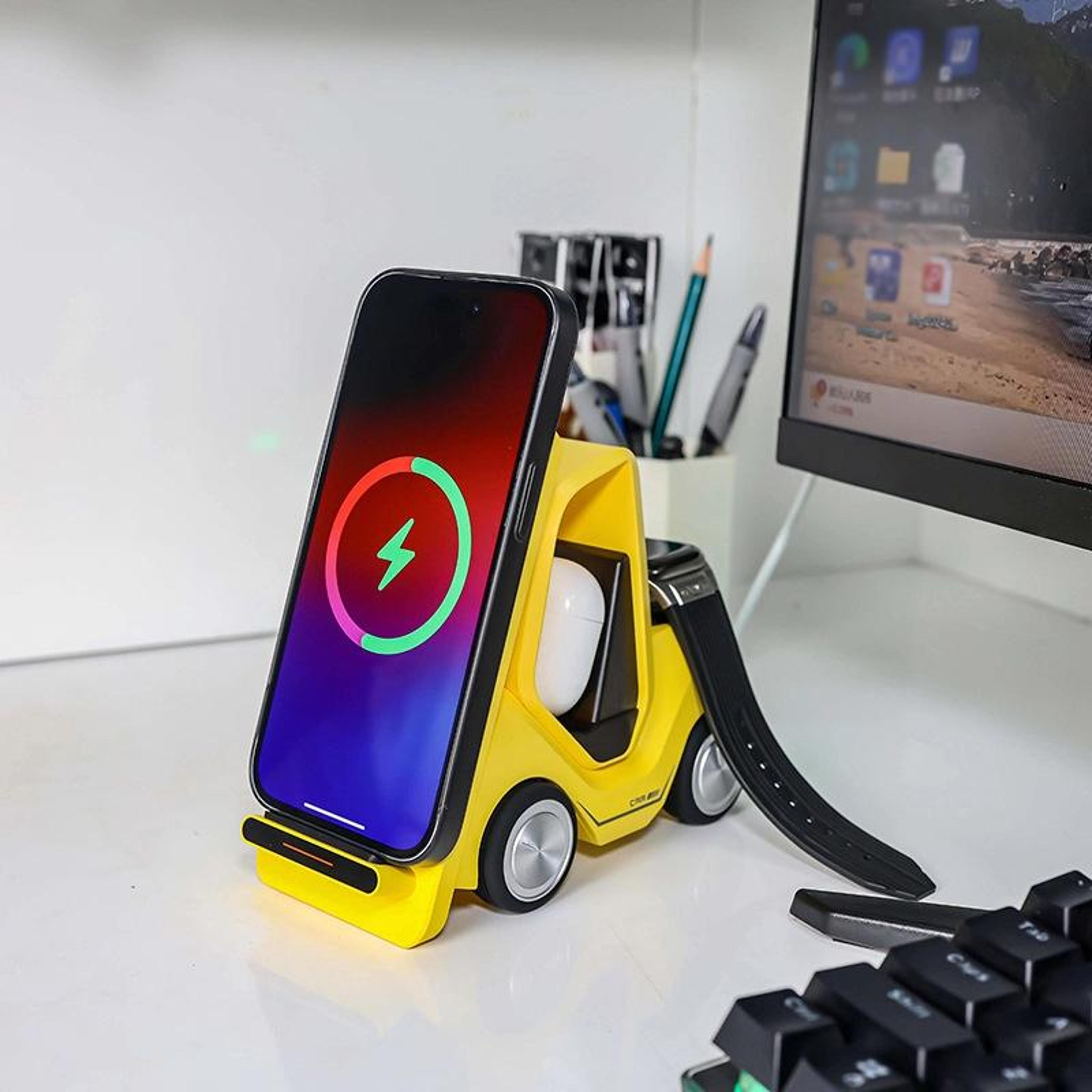 15W Wireless Charging Station Forklift Desktop 3 In 1 Wireless Charger With LED Ambient Light 14