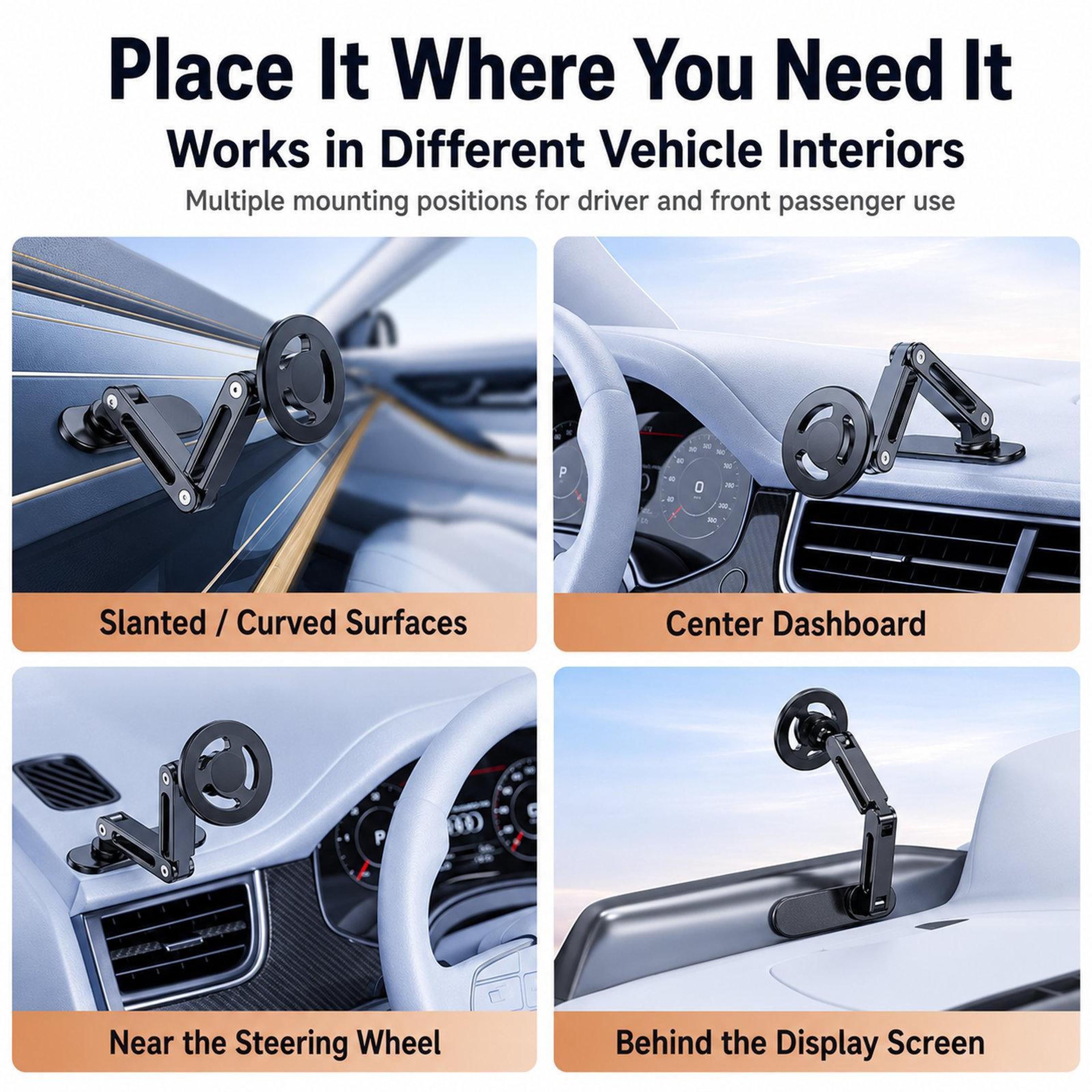 Magnetic Car Phone Mount Adjustable Dashboard Phone Holder With Dual Pivot Arm For Curved Dashboard 3