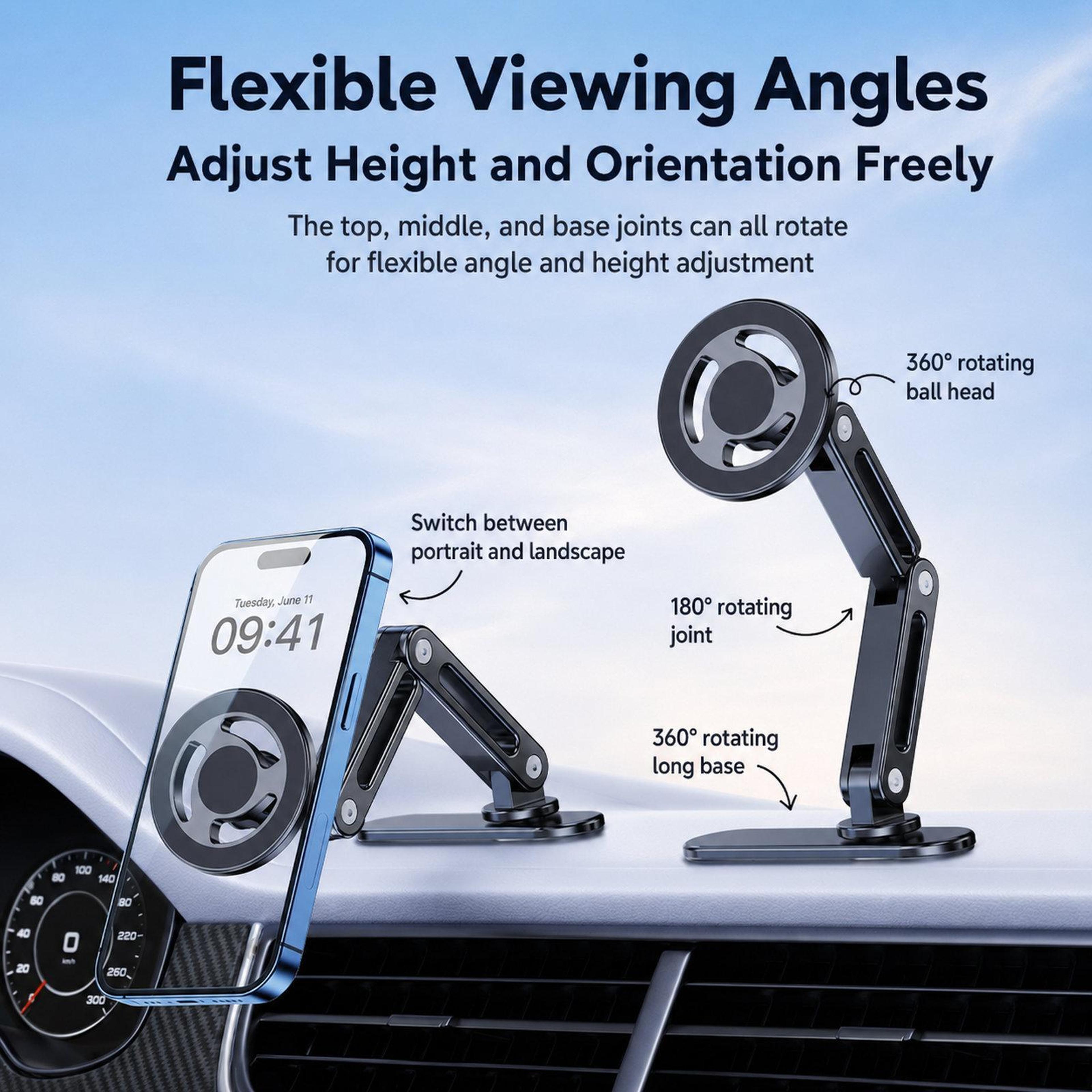 Magnetic Car Phone Mount Adjustable Dashboard Phone Holder With Dual Pivot Arm For Curved Dashboard 4