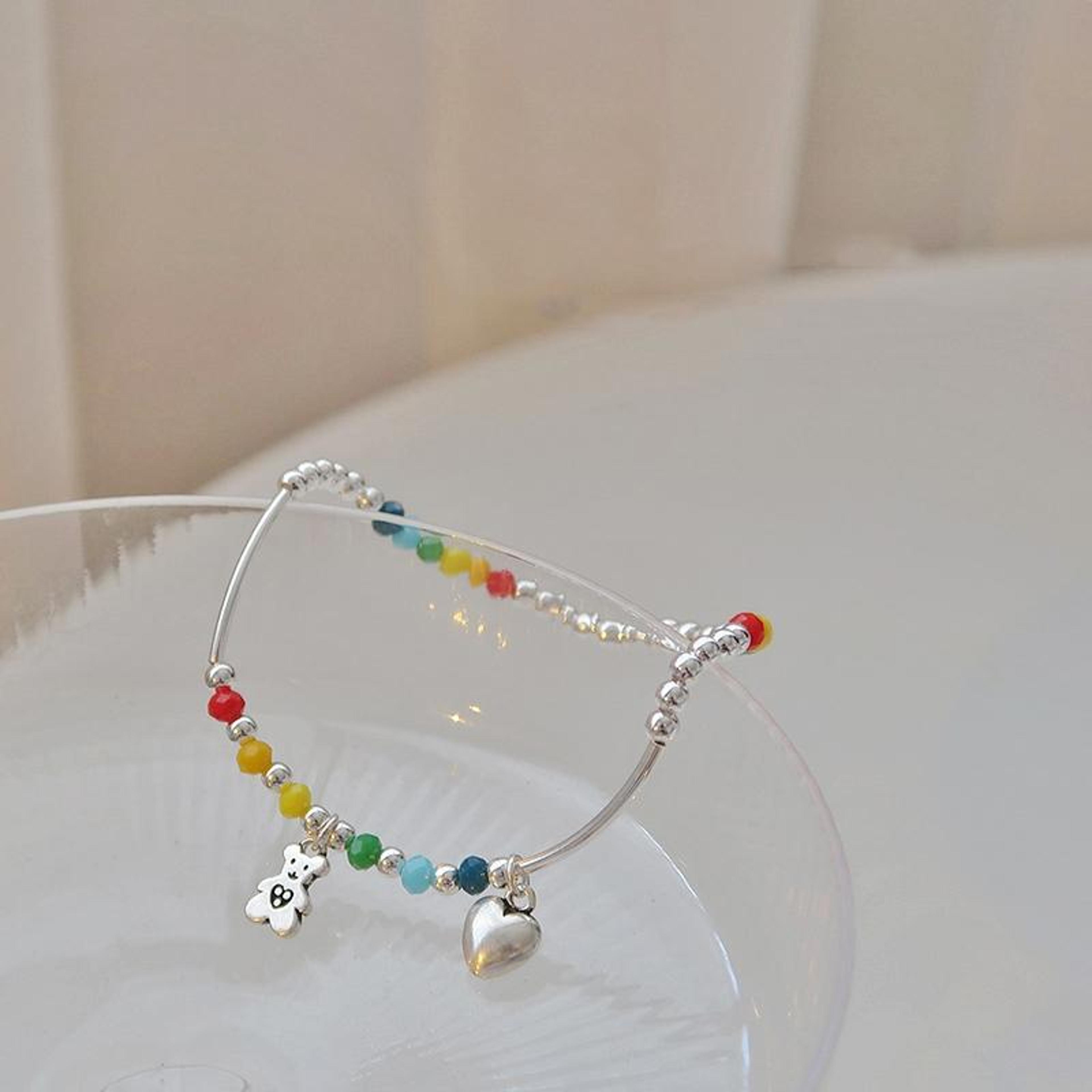 Silver Plated Smile Beaded Bracelet Rainbow Stretch Stackable Bracelet For Women 1