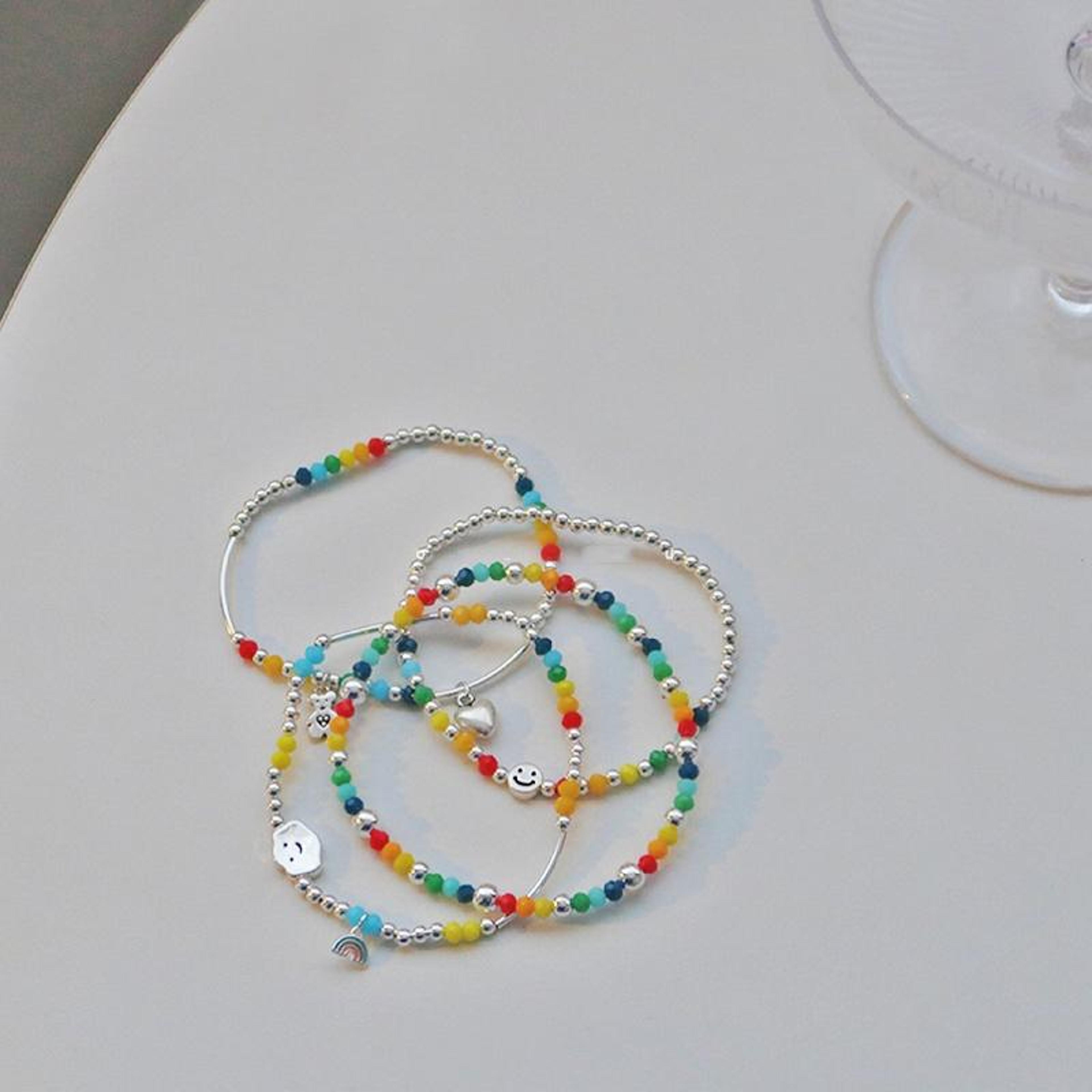 Silver Plated Smile Beaded Bracelet Rainbow Stretch Stackable Bracelet For Women 4