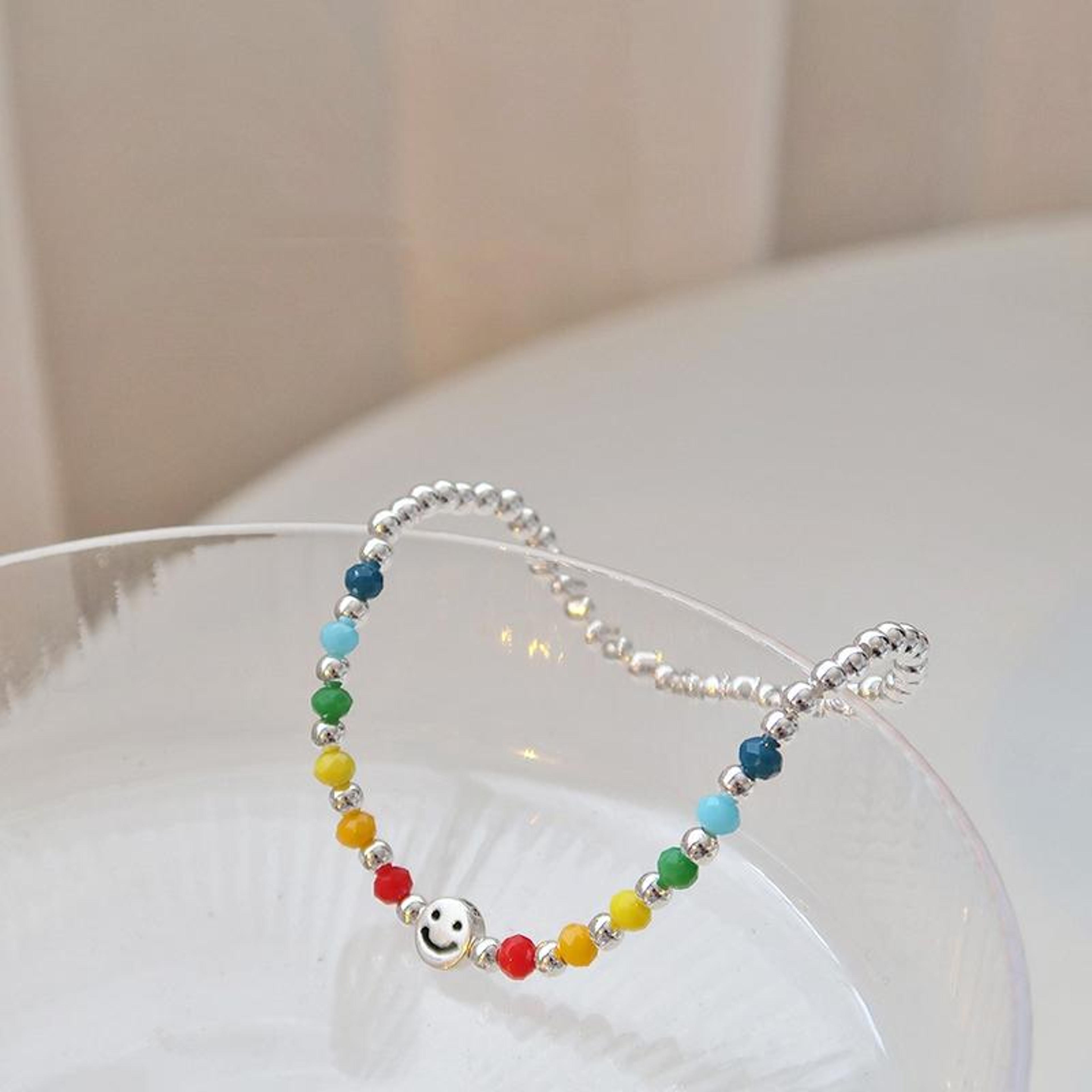 Silver Plated Smile Beaded Bracelet Rainbow Stretch Stackable Bracelet For Women 7