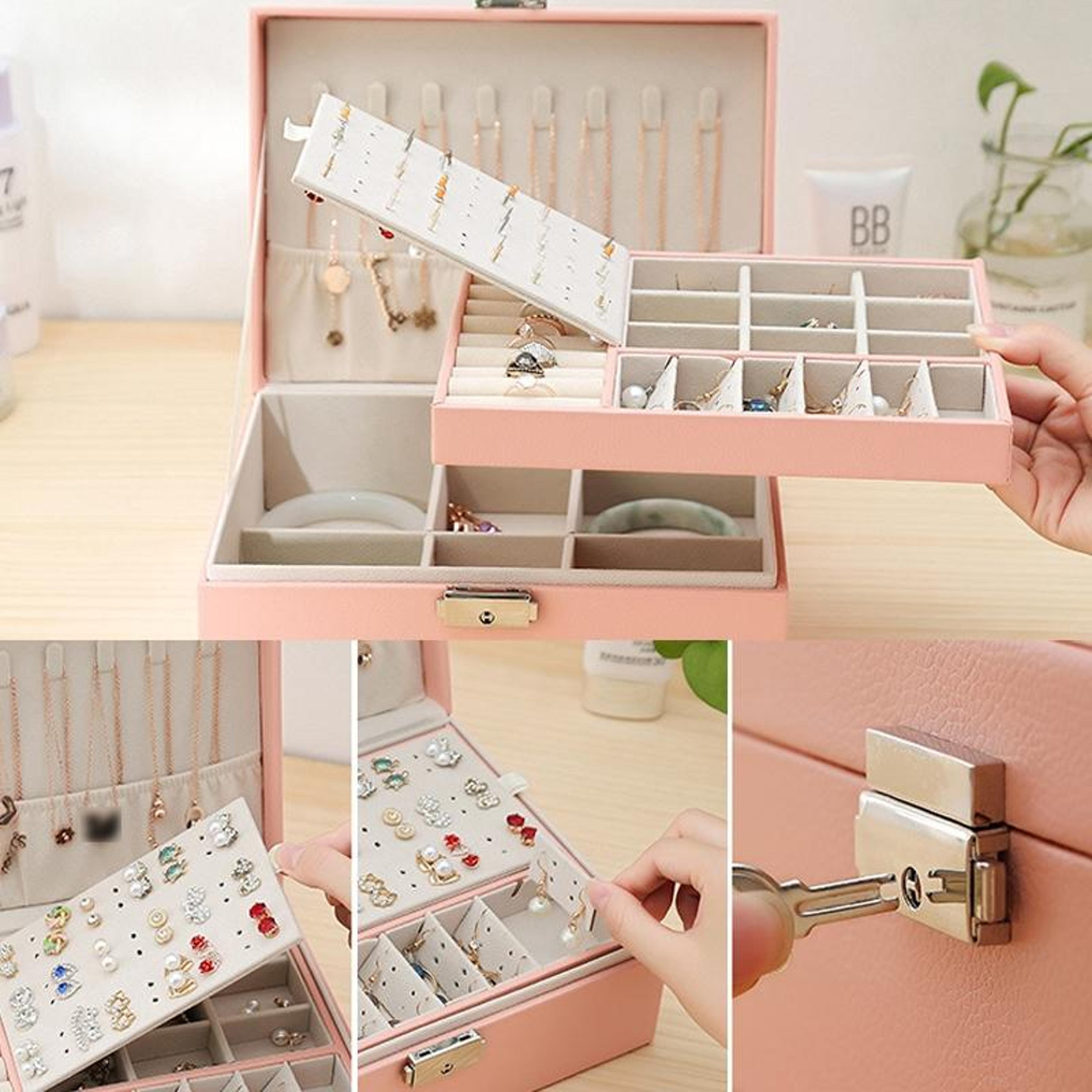 Double Layer Jewelry Box With Lock Premium PU Leather Jewelry Storage Organizer 3